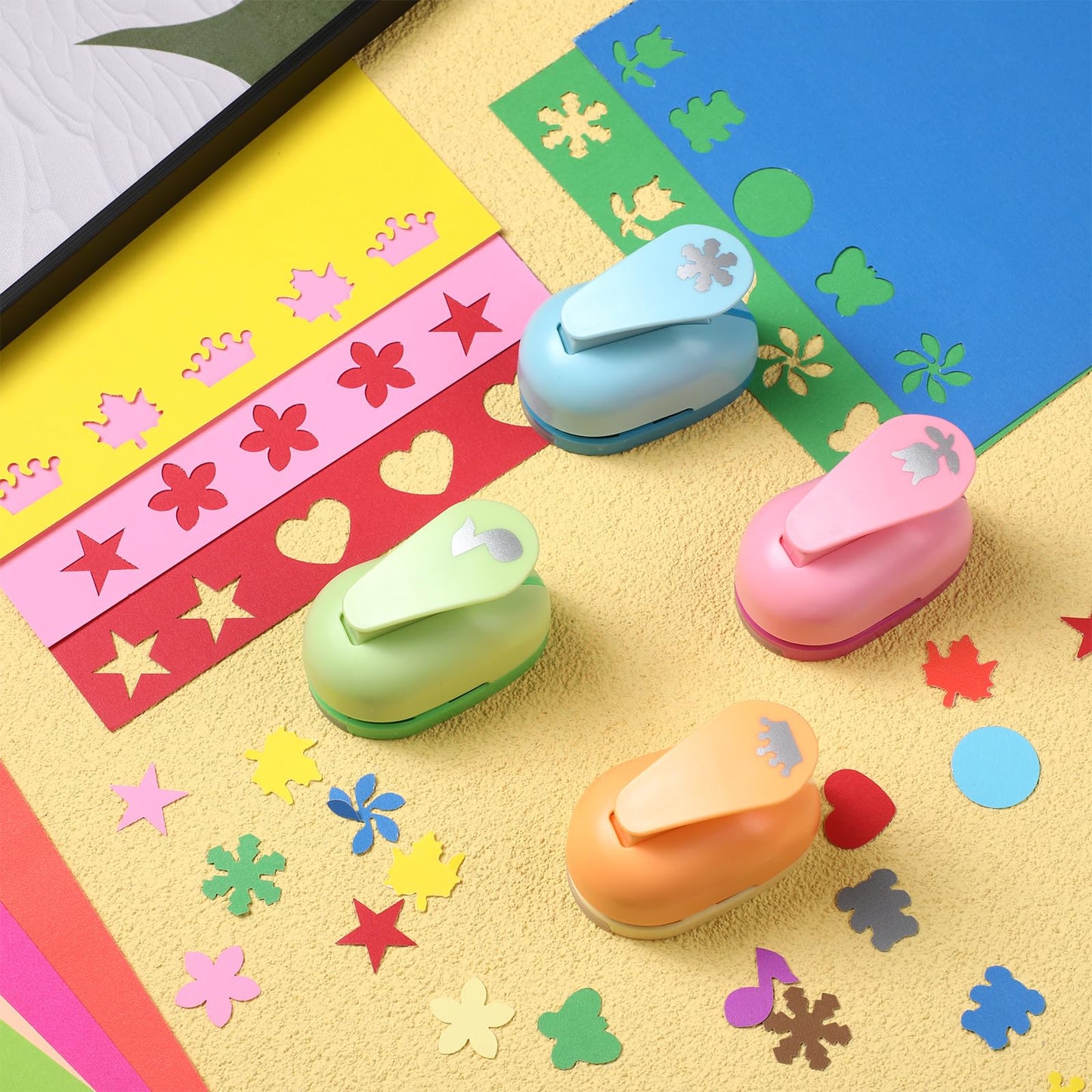 Motipuns 12 Pcs Craft Holes Punch Paper Punchers Scrapbook Punches with Craft Sticker Paper, Round, Maple Leaf, Star, Heart, Bear, Snowflake, Flower, Butterfly Shape, 1 Inch, 12 Shapes