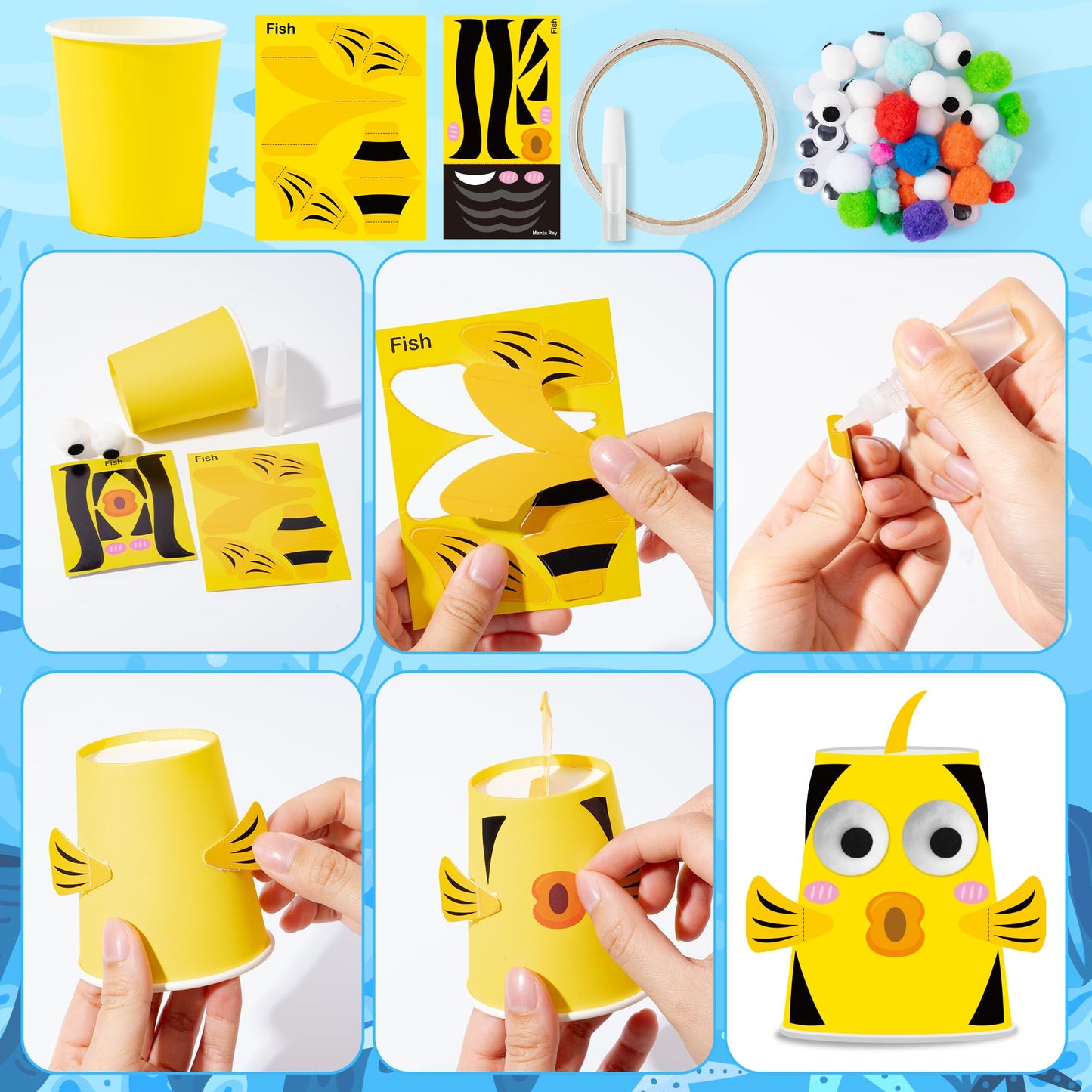 BeYumi Ocean Animals Craft Kit - 12Pcs Summer Arts and Crafts for Kids Toddler Paper Cup Craft Kit with 12 Cartoon Animal Projects DIY Gift for Birthday Party Preschool Classroom Fun Activity Ages 3-6