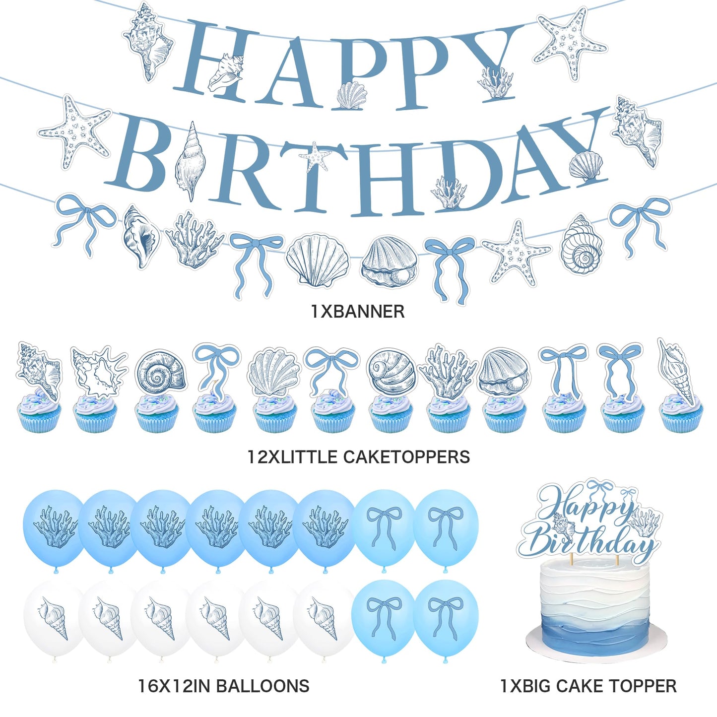 Blue Bow Starfish and Seashell Garland Ocean Coastal Nautical Beach Party Under The Sea Paper Bow Hanging Banner Cake Cupcake Toppers and Balloons for Summer Birthday Wedding Baby Shower Decro
