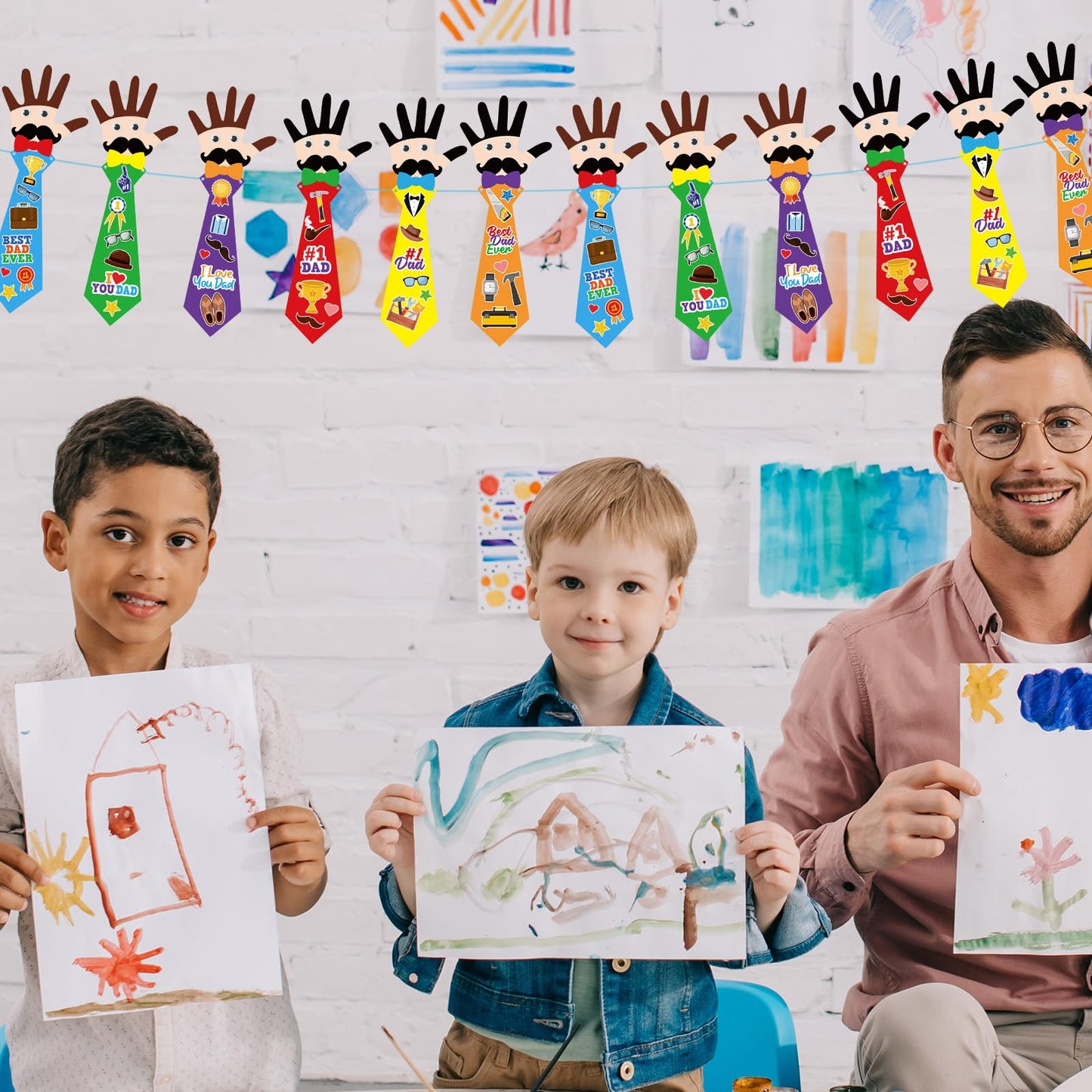 Cinrobiye 72pcs Fathers Day Craft Kits Father’s Day Tie Craft Best Dad Ever DIY Handprint with Stickers for Happy Father Day Gifts Home School Activities Birthday Party Favors Supplies Decoration