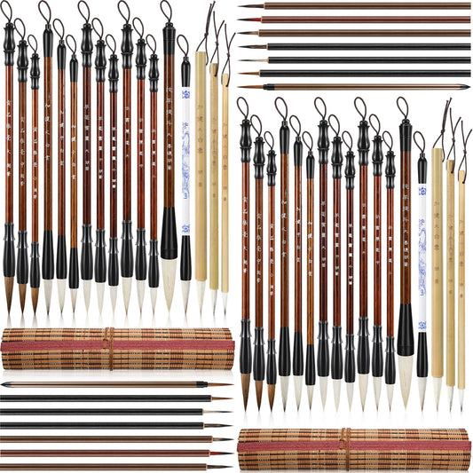 Resurhang 48 Pcs Chinese Calligraphy Brush Set Watercolor Brushes Bulk with Roll up Bamboo Brush Holder Writing Drawing Brushes for Kanji, Japanese Sumi, Drawing, Writing, Painting, Art Supplies