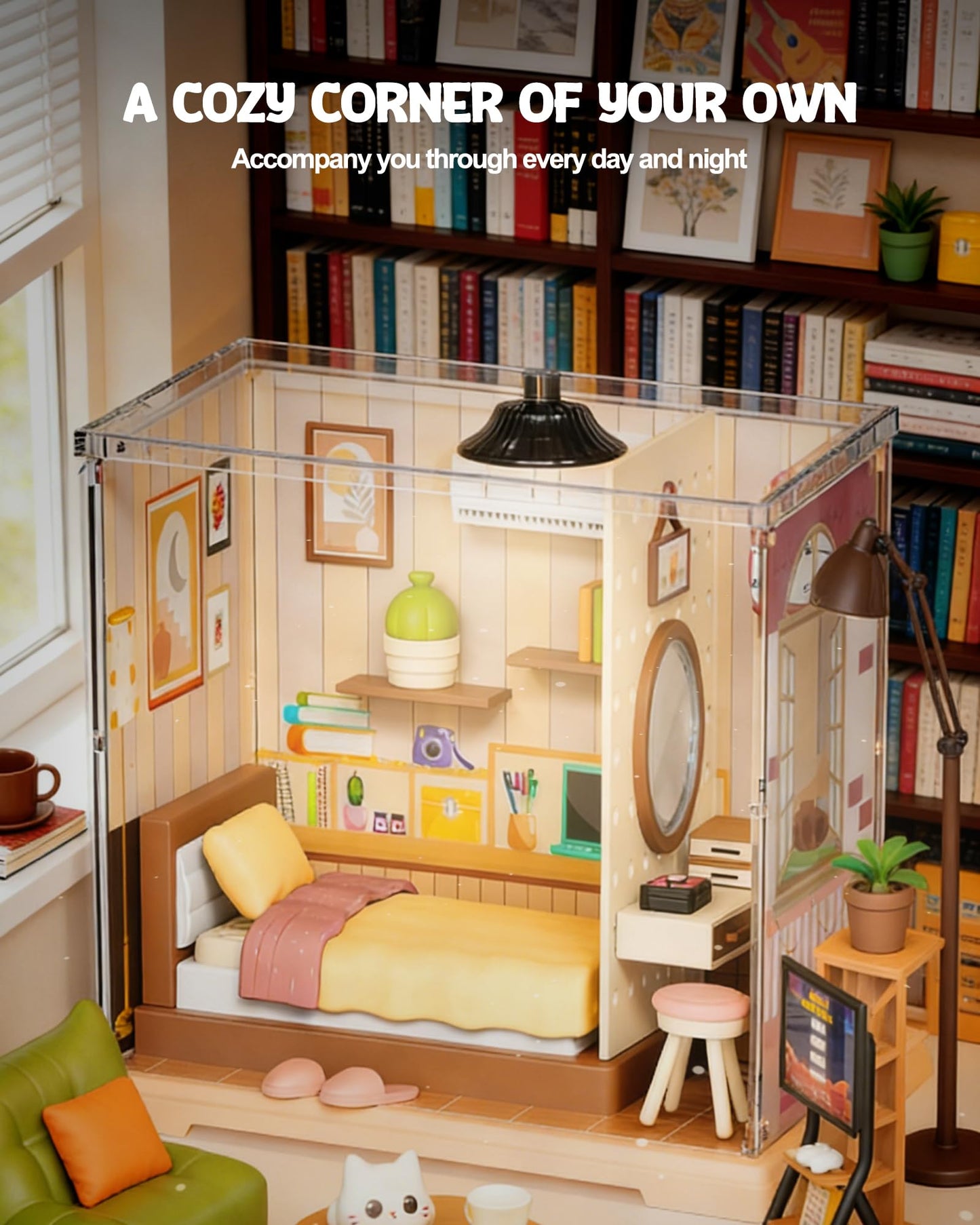 Vodolo DIY Miniature House Kit with Led,Book Nook Kits for Adults Beginners,Book Shelf Decor,3D Puzzle Booknook Craft Kits,Books Lovers Gifts for Women Men Bookshelf Decor,55PCS Living Room