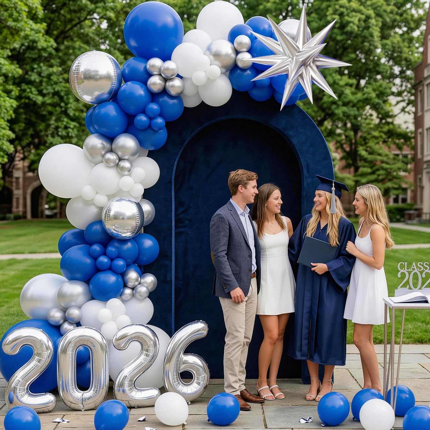 Blue Silver White Balloons Arch Kit, Blue White Balloon Arch with 4D Silver Star Graduation 2026 Foil Balloon Banner, Royal Metallic Balloons for Class of 2026 Graduation Decoration Birthday Party