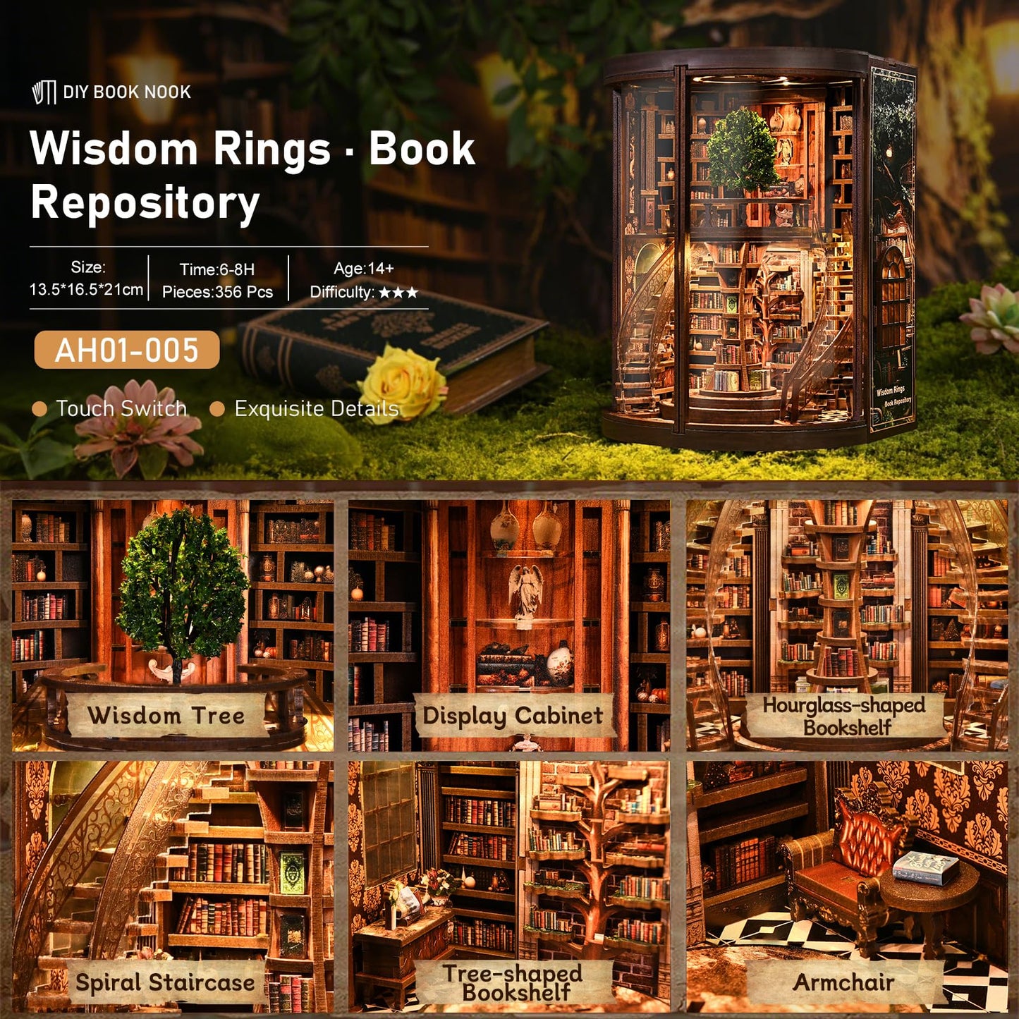 obzergem Book Nook Kit - Wisdom Rings Book Archive - Wooden Bookend and 3D Puzzle with LED Light, DIY Set for Adults, Bookshelf Decoration Diorama Kit, for Birthdays
