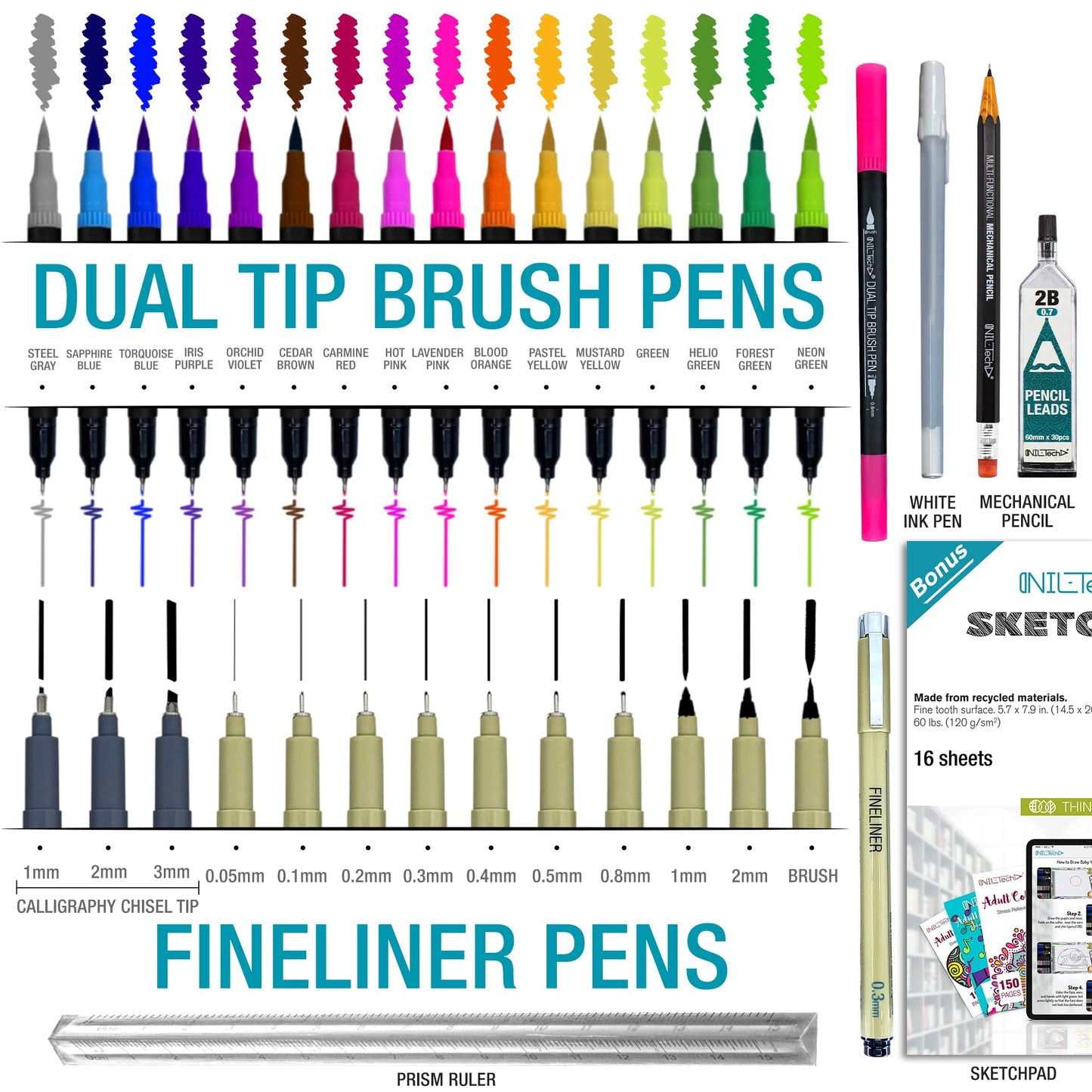 NIL - TECH Professional Artist Drawing Pens Set (36 Pcs) - 16 Dual Brush Markers, 10 Archival Fineliners, 3 Calligraphy Pens, White Gel Pen & Sketchbook - Waterproof Ink for Sketching & Lettering