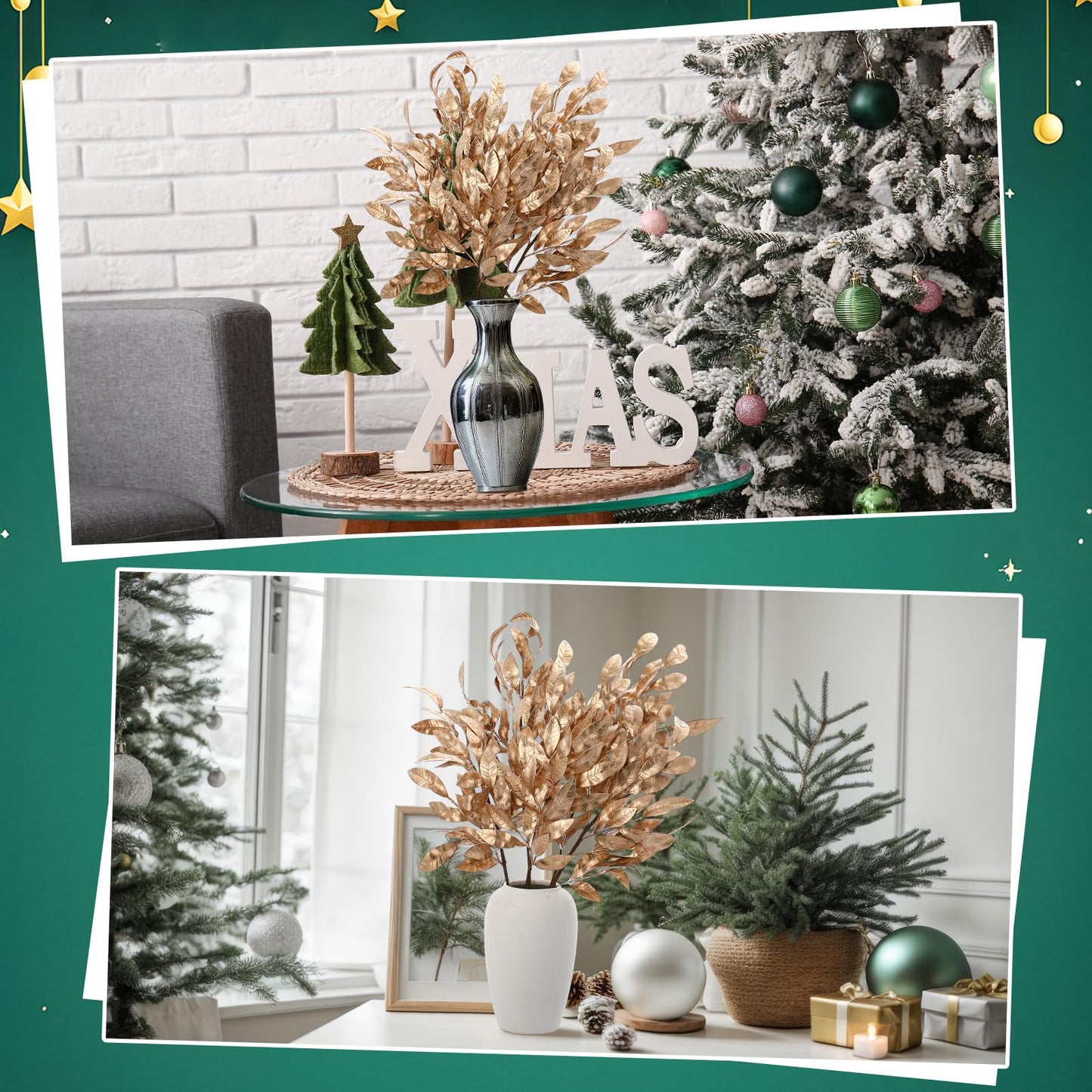 Giegxin 18 Inch Christmas Gold Bay Leaf Picks 6 Pcs Artificial Gold Christmas Decoration Bay Leaf Spray Stems Branch for Xmas Tree DIY Xmas Wreath Garland Home Decor