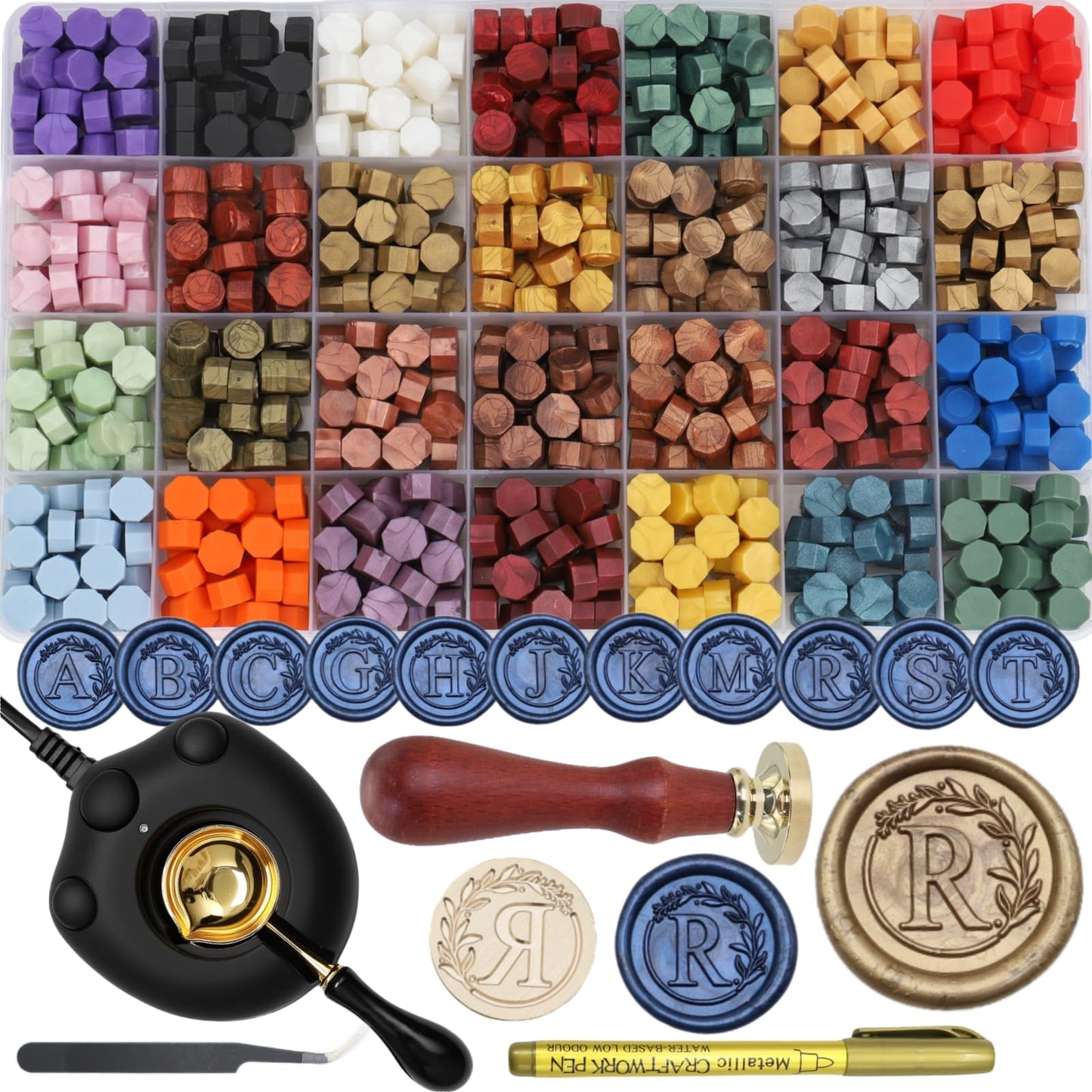 732 Pcs Sealing Wax Stamp Kit with Electric Wax Seal Warmer, Initial Alphabet R Seal Stamp, Waxseal Beads, Spoon, Letter Sealingwax Stamp Kit (R)