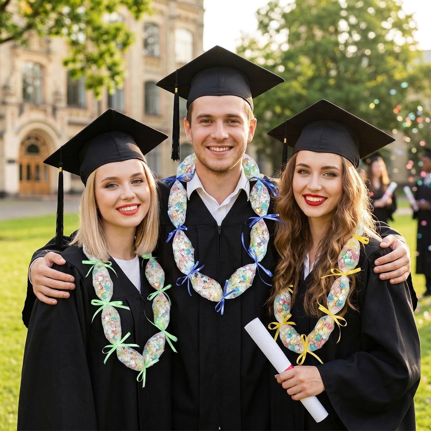 Sucrain 131 FT 2026 Graduation Candy Lei Netting Tubing,1 Roll Clear Graduation DIY Hawaiian Lei Mesh Bags with 3 Colors Ribbon Making Kit for Graduation Party Lei Kit DIY Wreaths Wedding Supplies