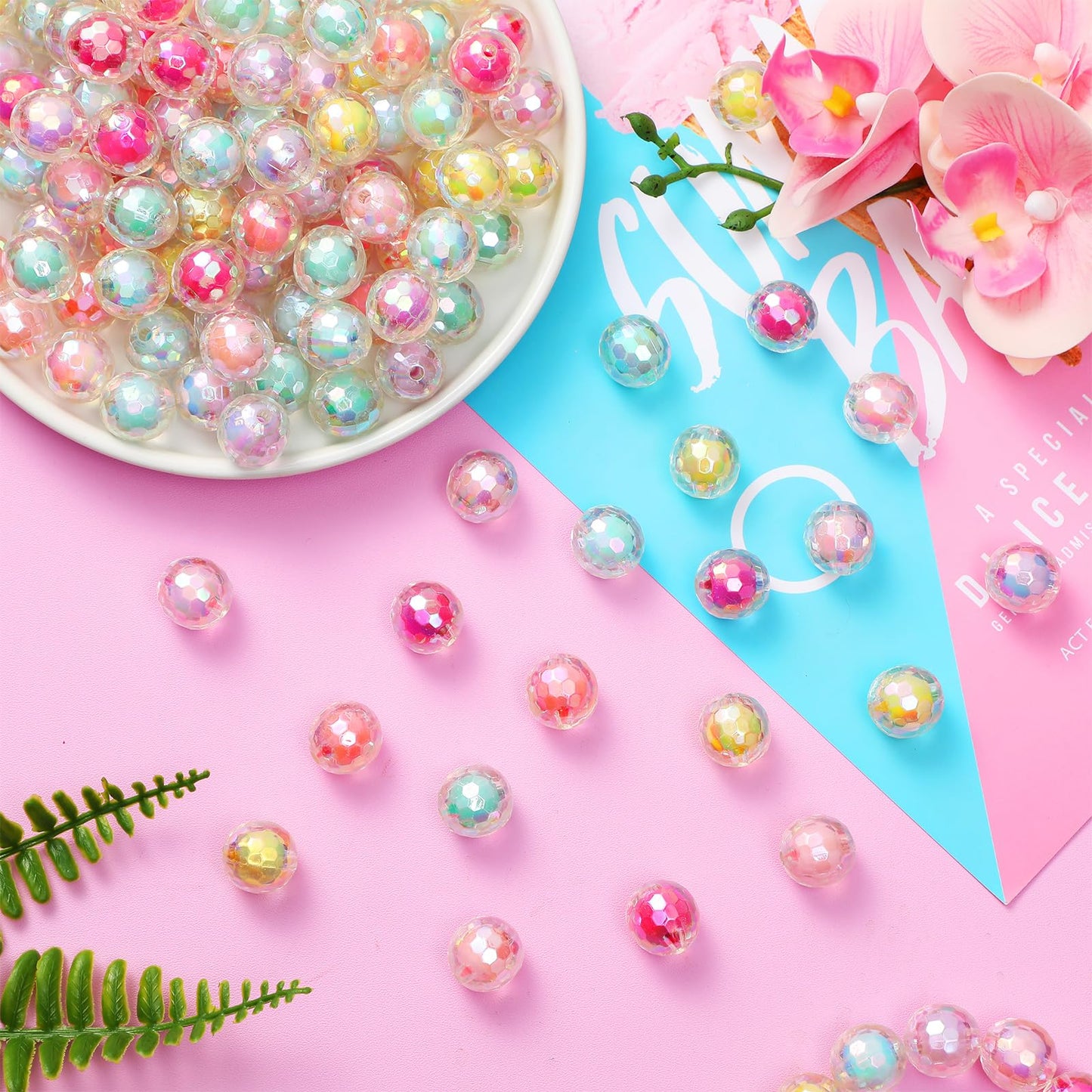 Hotop 126 Pcs Acrylic Beads, Bubblegum Focal Beads for Beadable Pen, Shiny Ab/UV Color Faceted 15mm 7 Colors Mixed Lots DIY Acrylic Round Bubble Jewelry Bracelet Making Gifts(Colorful)