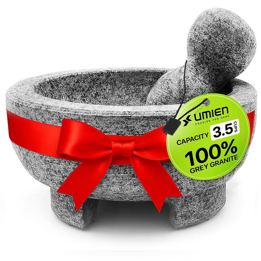 Umien Granite Mortar and Pestle Set - 8-Inch Natural Stone Molcajete with Avocado Tool - 3.5 Cup Capacity for Spices, Herbs, Pestos & Guacamole - Premium Kitchen Gift (Grey)