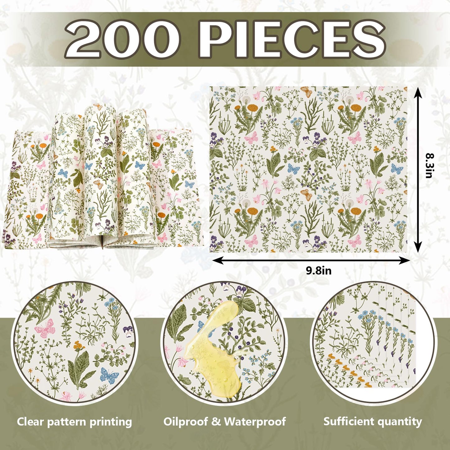 JarThenaAMCS 200 Pcs Wildflower Wax Paper Sheets Deli Paper Vintage Floral Sandwich Wrap Tissue Waterproof Oil-Proof Food Basket Liner for Spring Picnic Kitchen Supplies, 9.8 x 8.3 Inch