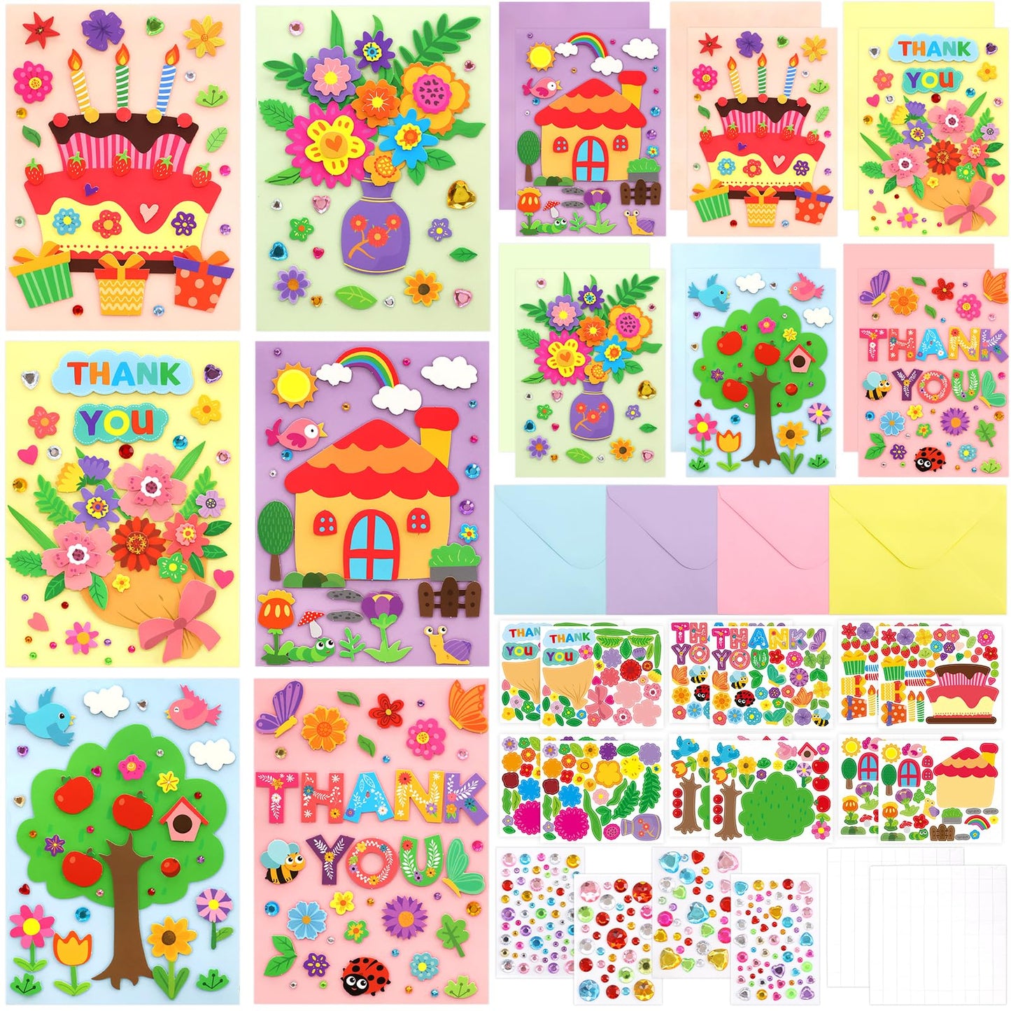 Treasure Cove Card Making Kits for Kids Handmade DIY Greeting Card Kits Thank You Cards Art Crafts with Envelopes Stickers for Girls Boys Birthday Thanksgiving Party Supplies 12 Pcs