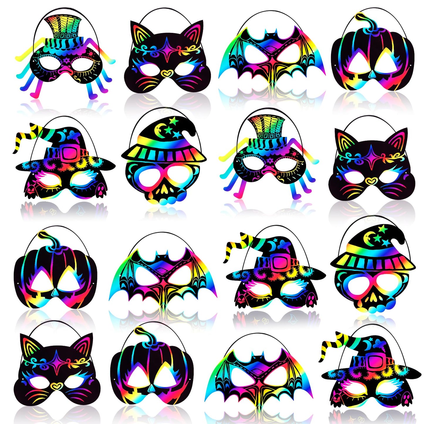 Max Fun 48PCS Halloween Crafts for Kids Kit, Rainbow Scratch Art and Crafts Mask, Birthday Cosplay Classroom Decoration, Magic Scratch Paper Halloween Party Favors Supplies Bat Witch Pumpkin Zombie