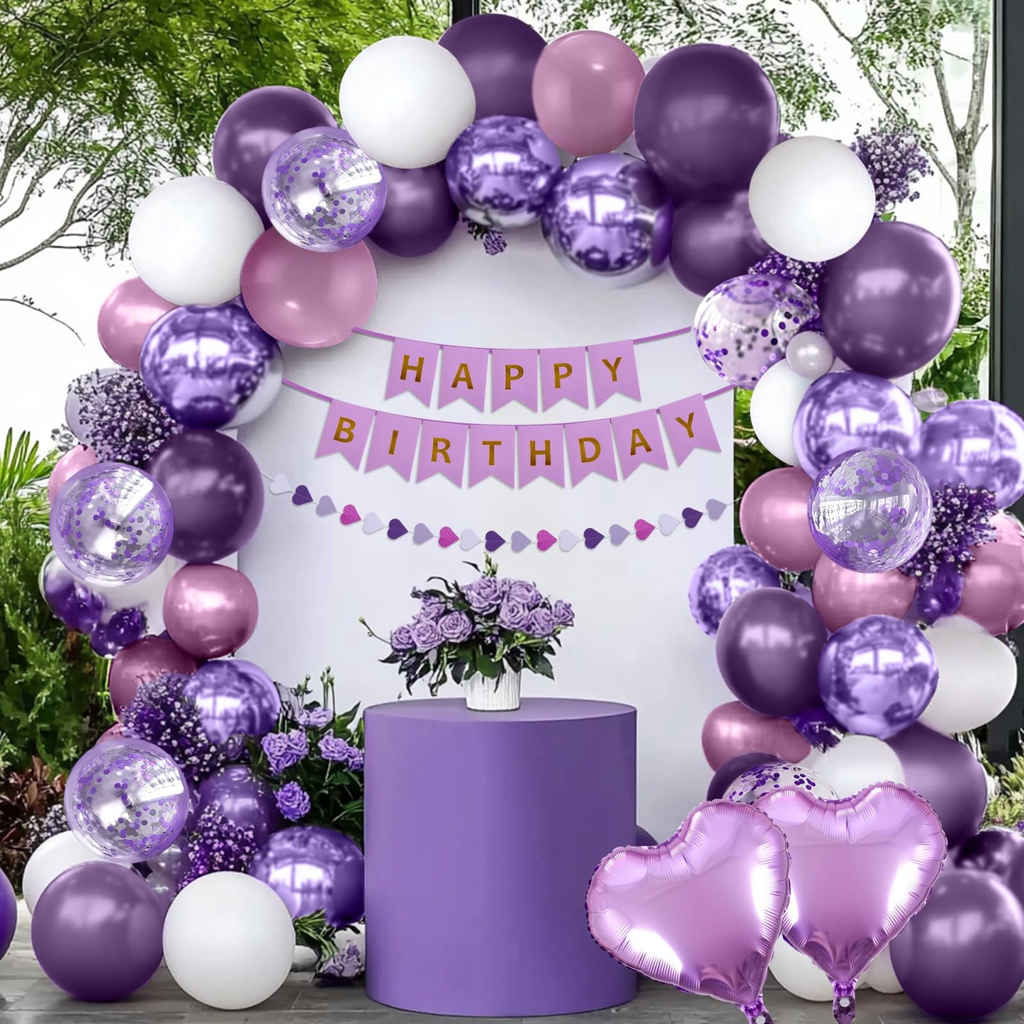 Purple Birthday Decorations for Women, Happy Birthday Party Decorations, Happy Birthday Banner, Purple Balloons, Foil Fringe Curtains, Tissue Paper Pompoms, Heart Garland, Party Decor for Girls