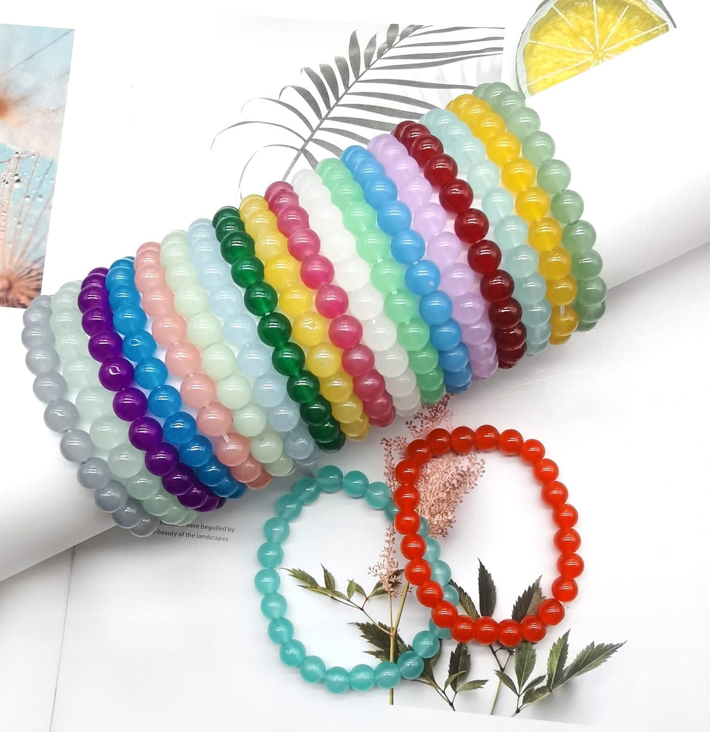 FIRAZIO 24Pcs 8mm Beaded Bracelet for Women Mens Handmade Glass Beads Bracelet Colorful Crystal Bracelet Elastic Round Bead Bracelets Jewelry