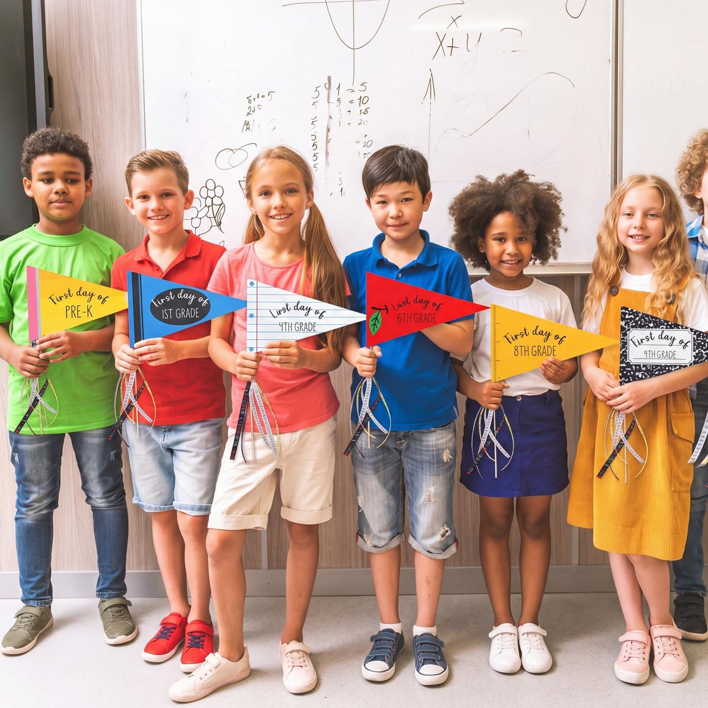Poola Voidra 64 Pcs First & Last Day of School Flag Kit with Ribbon Stick Back to School Pennant Decor First Day of Preschool Flag Reusable 17 Grades Photo Prop for Preschool to College Classroom