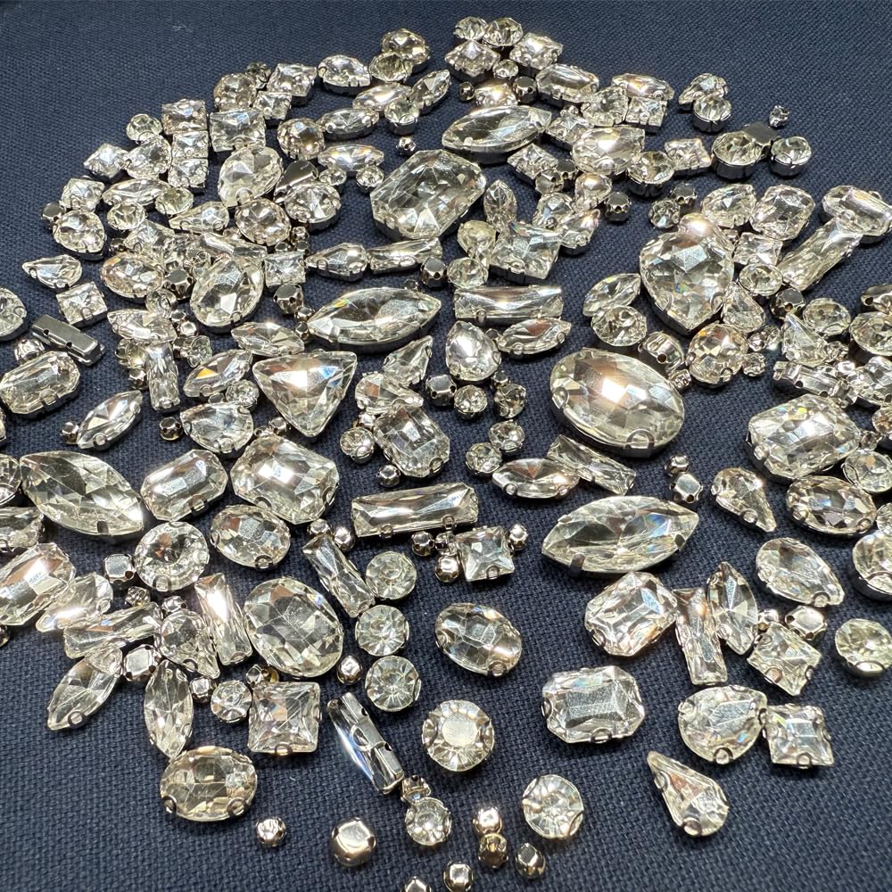 260 PCS/Pack 9 Shapes 24 Sizes Mixed Clear Crystals, Silver Sew on Glass Rhinestones,Crystal Gems Mental Flatback with Silver Claw, for Jewelry Crafts Costume DIY Garment