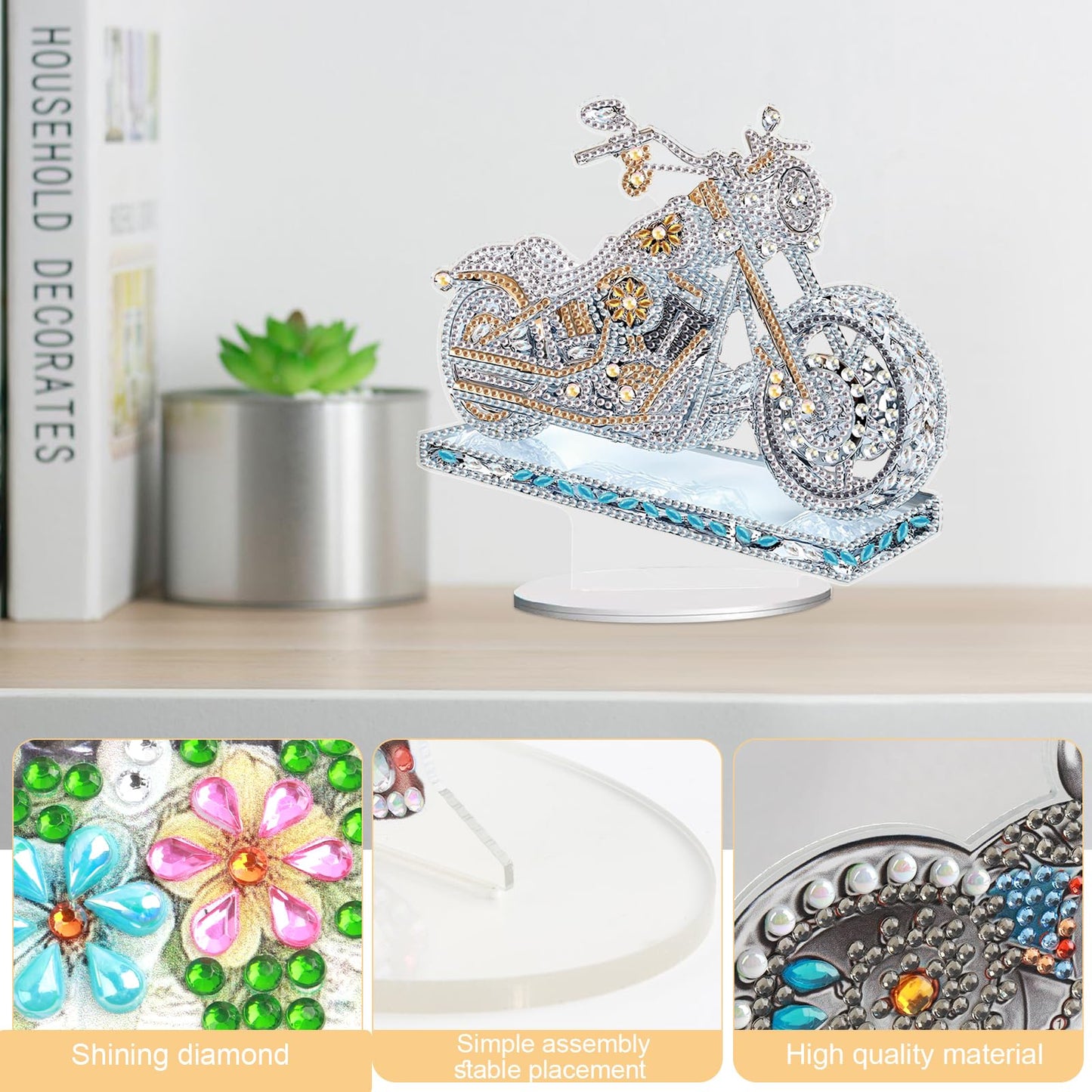 JISHSHAY Diamond Art Desk Ornaments Diamond Painting Desktop Decoration Gem Art Table Top Decorations Gem Painting Table Ornaments Mosaic Kits for Adults Desk Top Kits with Special Shape Motorbike