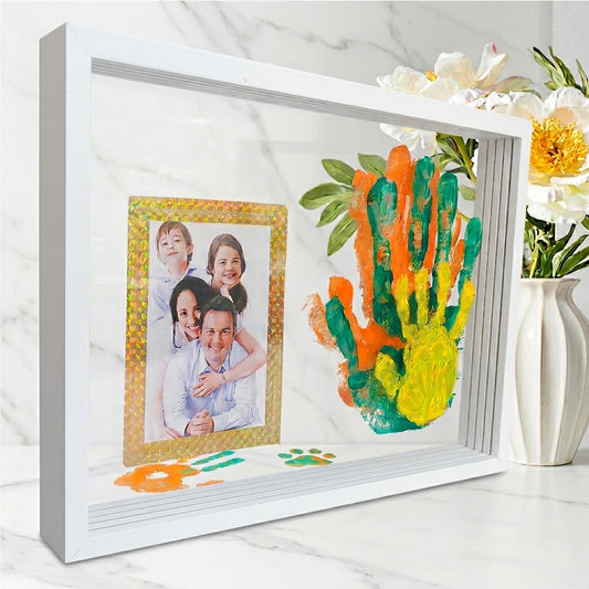 Family Handprint Keepsake Frame Kit with Photo Display – DIY 3D Floating Layered Design for Mom, Dad and Baby – Safe Non-Toxic Paint Set for Footprints – Perfect Baby Shower Gifts, New Parents Couples Keepsake, Home Decor 13.1x9.6 Inch (White)