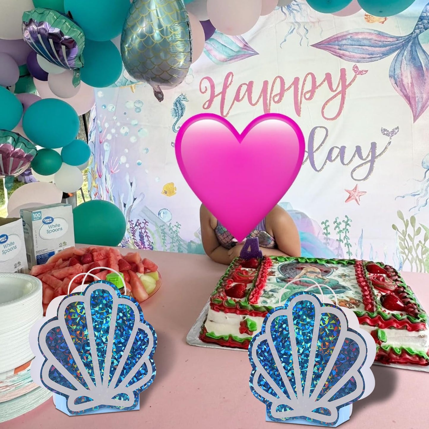 Sariiraw 16 Pack Mermaid Party Favor Bags with Handles, Holographic Seashell Goodie Bags for Under The Sea Theme Party Decorations, Mermaid Birthday, Baby Shower Supplies, 6"x3.1"x9.8"