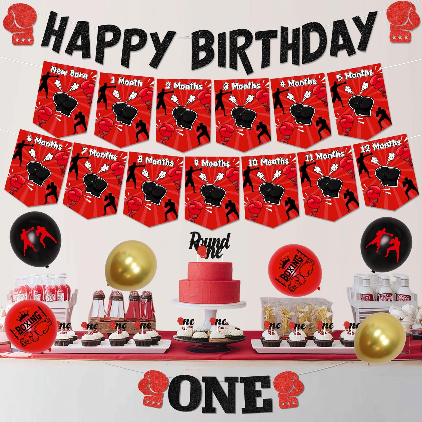 Boxing 1st Birthday Decorations Red Black Boxing Theme Happy Birthday Banner, Photo Banners, High Chair Banner, Round One Cake and Cupcake Toppers, Number 1 Balloons Kit for Boys First Bday Party