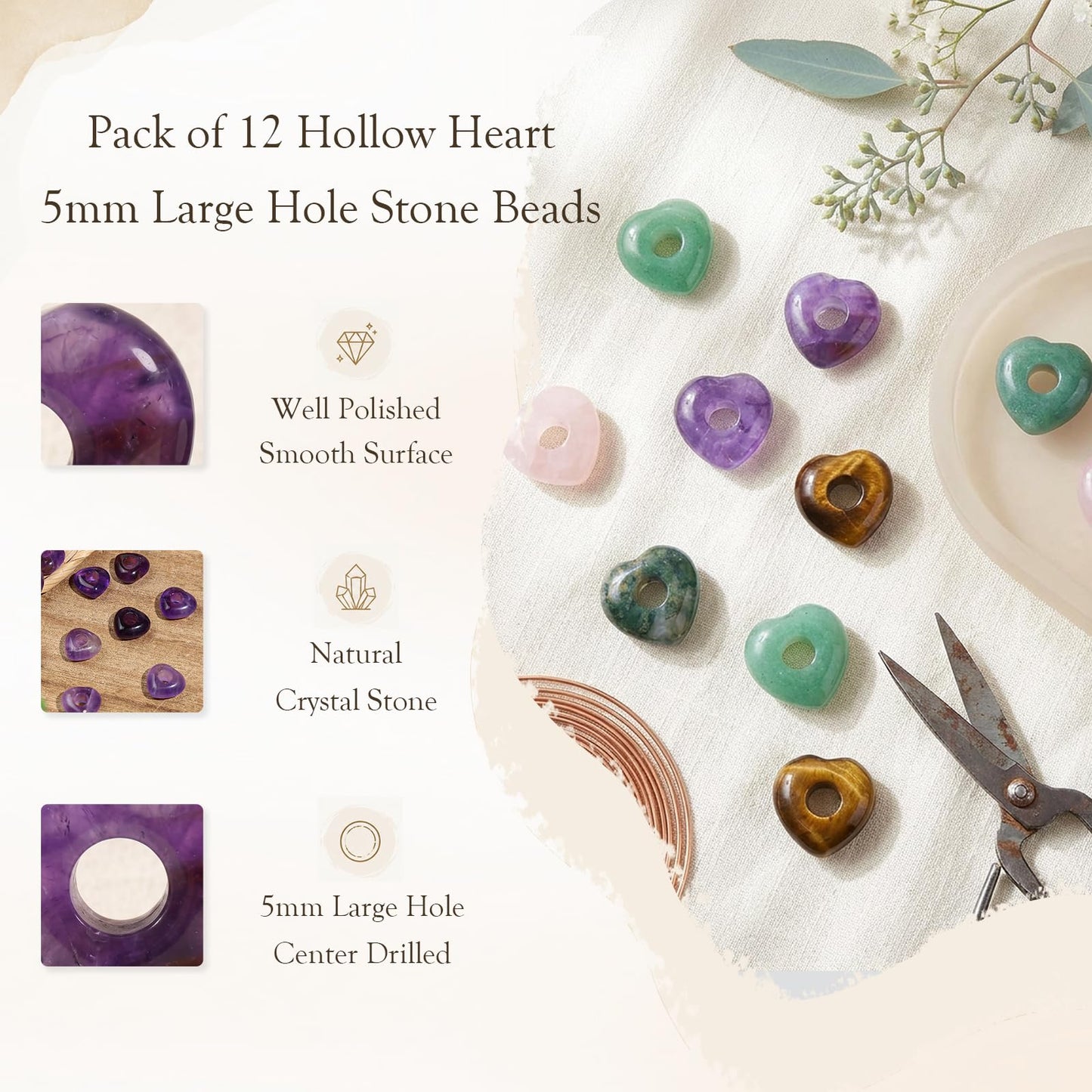 SUNYIK 12pcs 5mm Heart Large Hole Beads for Jewelry Making, Purple Amethyst Crystal Love Heart Loose Beads Fits Macrame Bracelet Braids Hair DIY Craft