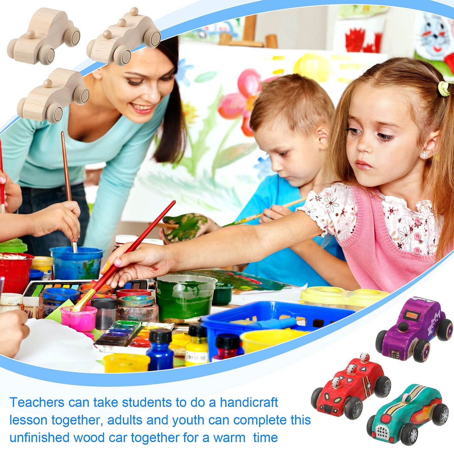 12 Pieces Wood DIY Car Toys Paintable Race Cars Unfinished Wooden Toy Painting Crafts Kit for Student Easy Woodworking Set Kid Family Activities Arts and Crafts Kit