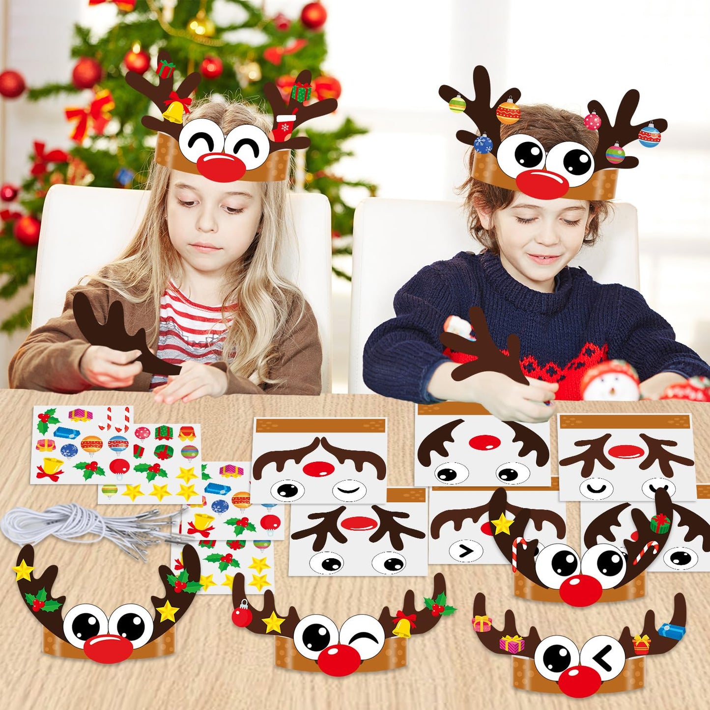 Qyeahkj 24 Sets Christmas Headbands Craft Kits Xmas Reindeer DIY Paper Crown Crafts for Winter Elk Reindeer Eyes Nose and Horn Stickers Holiday Home Activities Winter Party Favors