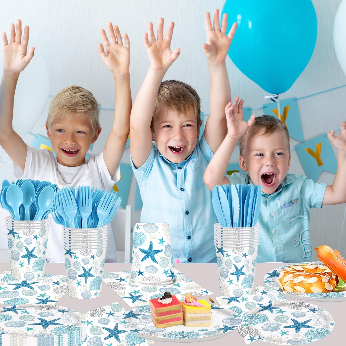 Vellumvibe 168pcs Coastal Beach Paper Plate Napkin Blue Starfish Seashell Party Supplies Disposable Tableware Set for Summer Ocean Birthday Party Decorations Serve 24 Guests