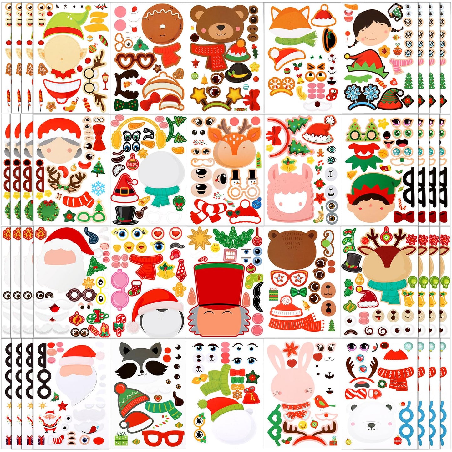 Geosar 100 Sheets Christmas Party Sticker Make Your Own Santa Gingerbread Man Snowman Reindeer Face Sheet Stickers for Christmas Party Craft DIY(Lovely)