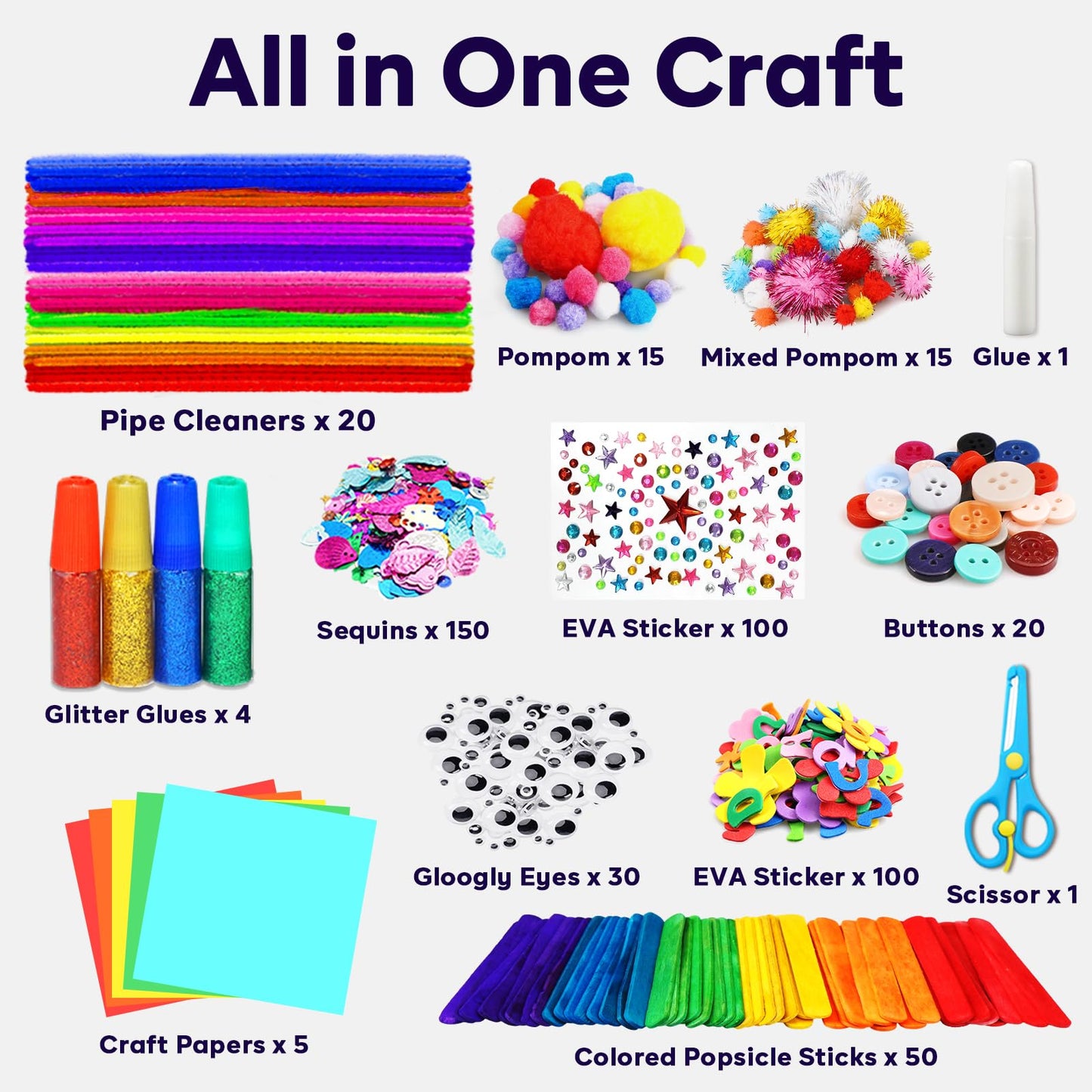 FUNZBO Arts and Crafts Supplies for Kids - Toddlers Craft Kit with Glitter Glue Stick, Pipe Cleaners, Pom Poms, Popsicle Sticks Tools, DIY School Supplies Kit, Birathday Gifts for Girls Boys Age 4+