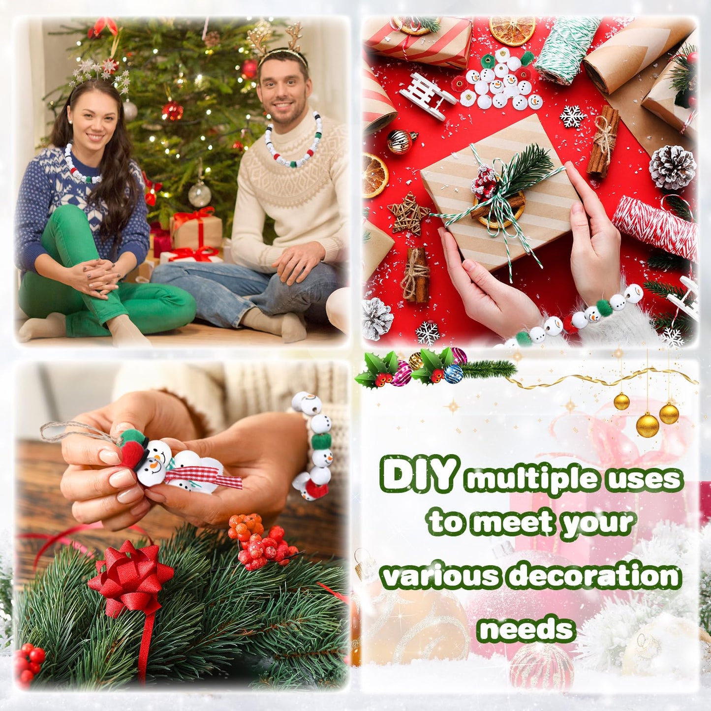 Amyhill 120 Pcs DIY Christmas Snowman Wooden Beads for Craft, Fuzzy Faux Fur Poms, Winter Wood Beads Buffalo Plaid Colorful Print with Twine, for Party Xmas Santa Tree Jewelry Home(Red Green)