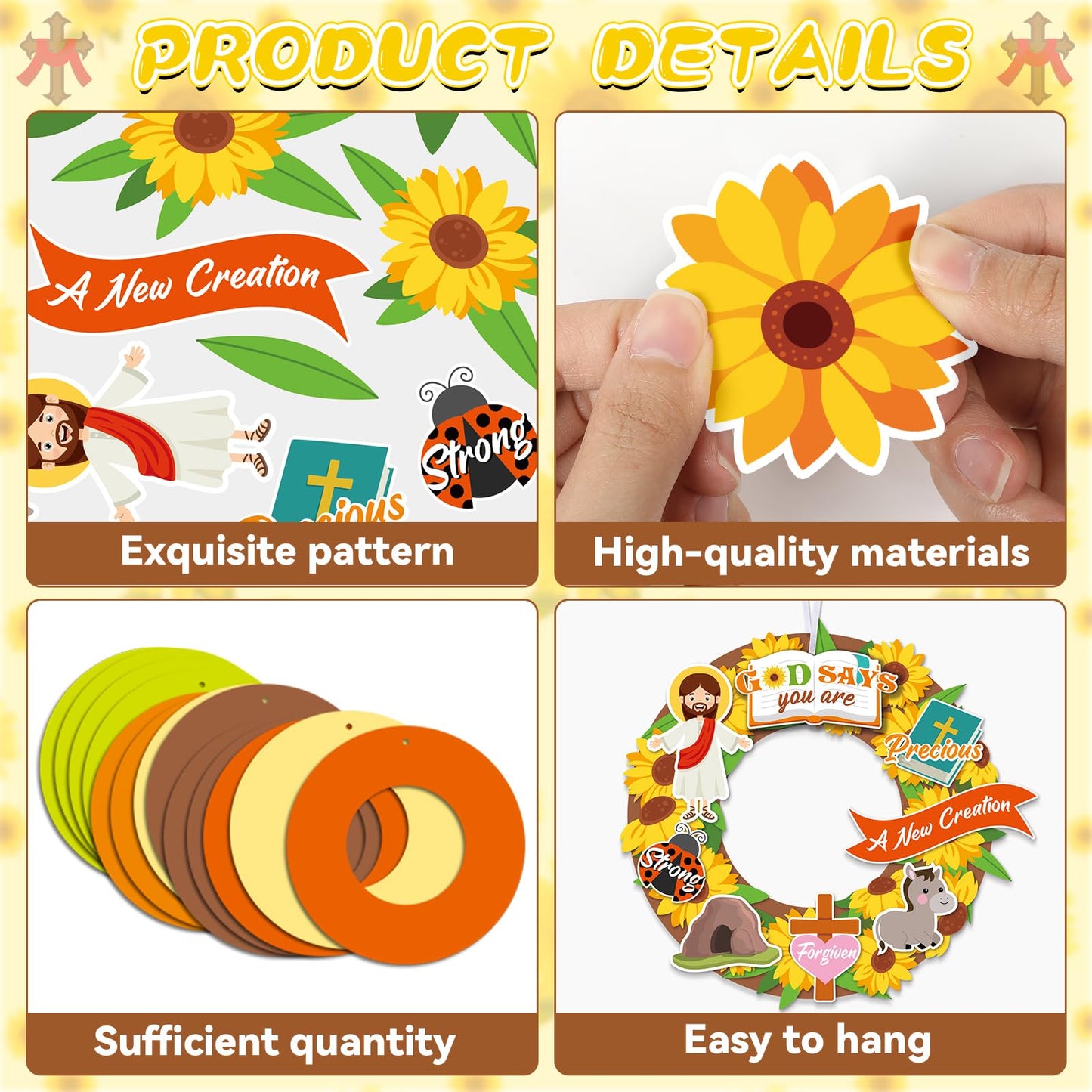 24 Sets Sunflower Religious Craft Kit Christian DIY Spring Wreath Crafts Kit with Jesus Bible Sunflowers Stickers Hanging Ornament for Spring Summer Sunday School Church Activities Home Decor