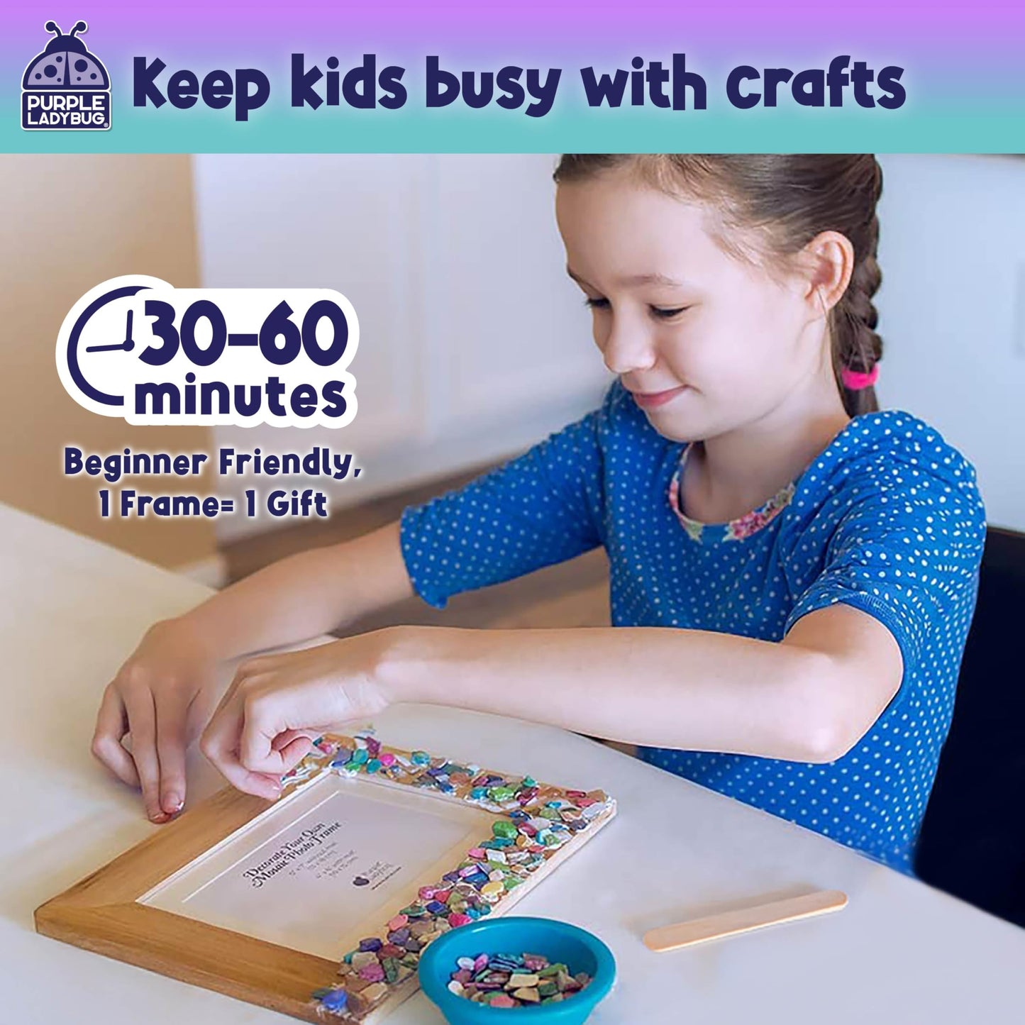 PURPLE LADYBUG DIY Mosaic Photo Frame Crafts for Girls 8-12 6-8 - Great Gift for Teens Tweens, Fun Craft Kit for Kids & Girl Birthday Gifts for 7 8 9 10 11 12 Years Old