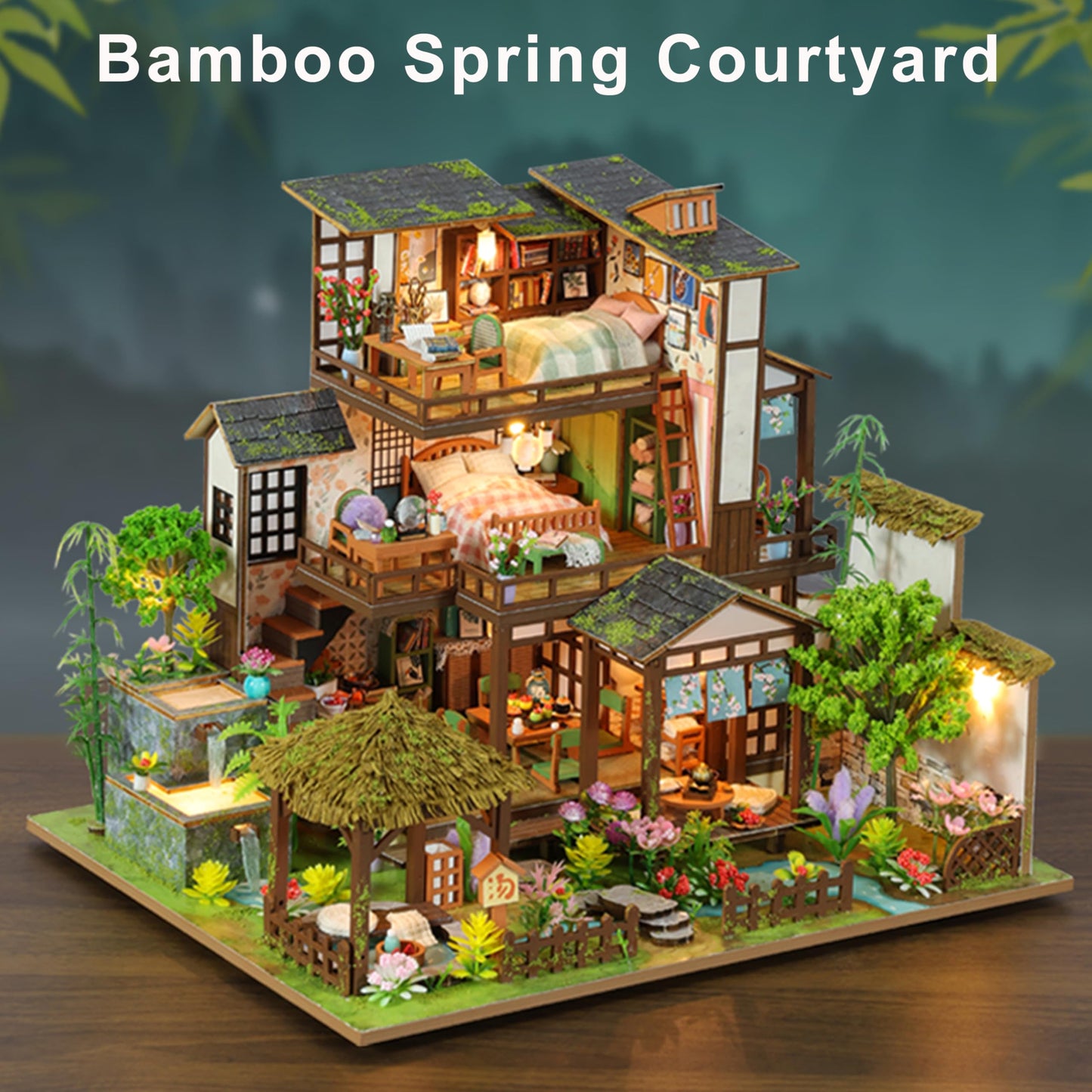 ISSEVE DIY Miniature House Kit, Tiny House Dollhouse Kit for Adults, Mini House Building Kits, Miniature Kit Adult Craft Diorama Kit Home Bookshelf Decoration, Birthday Gifts (Bamboo Spring Courtyard)