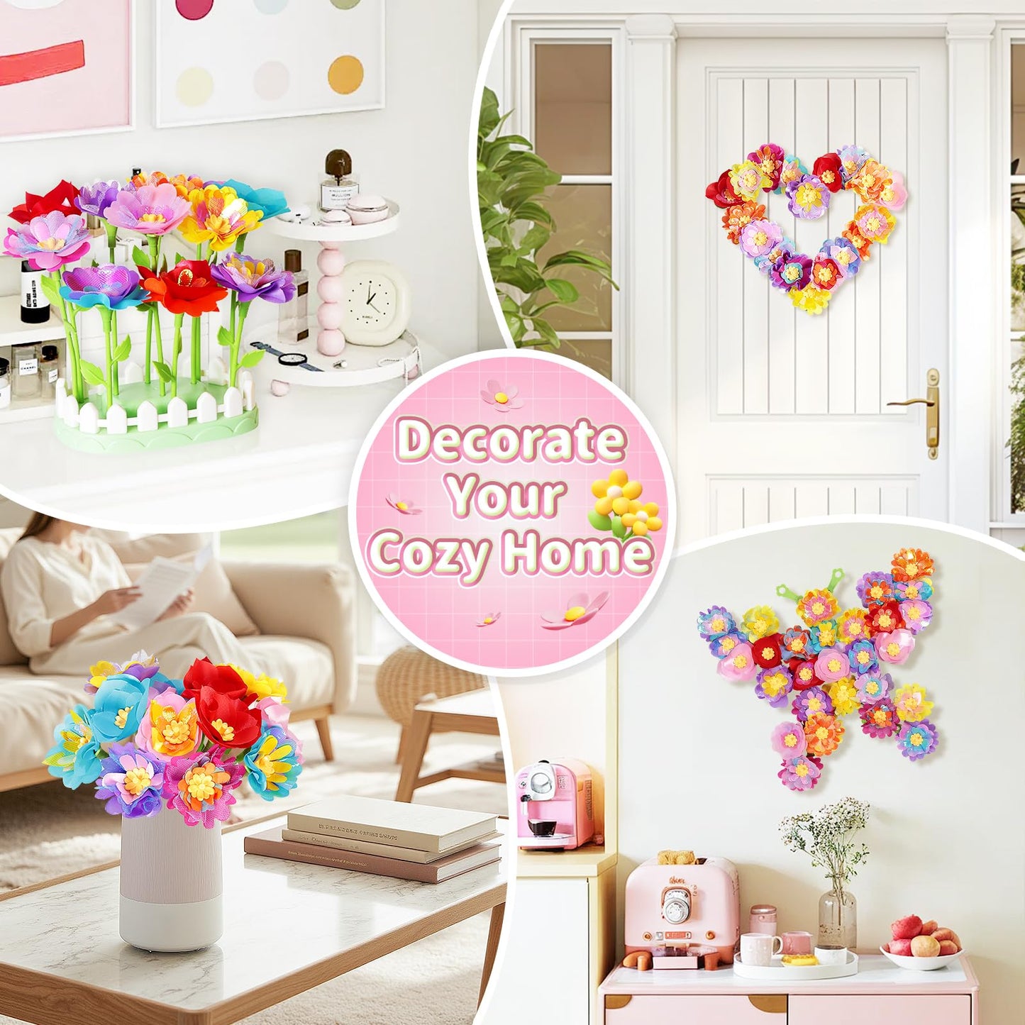 Euclidean Cube Flower Bouquet Making Kit, DIY Flower Bouquets Craft Toys for Kids, Arts & Crafts Educational Activity Set for Girls Toddler, Birthday Gift for 4 5 6 7 8+ Year Old Girls and Boys