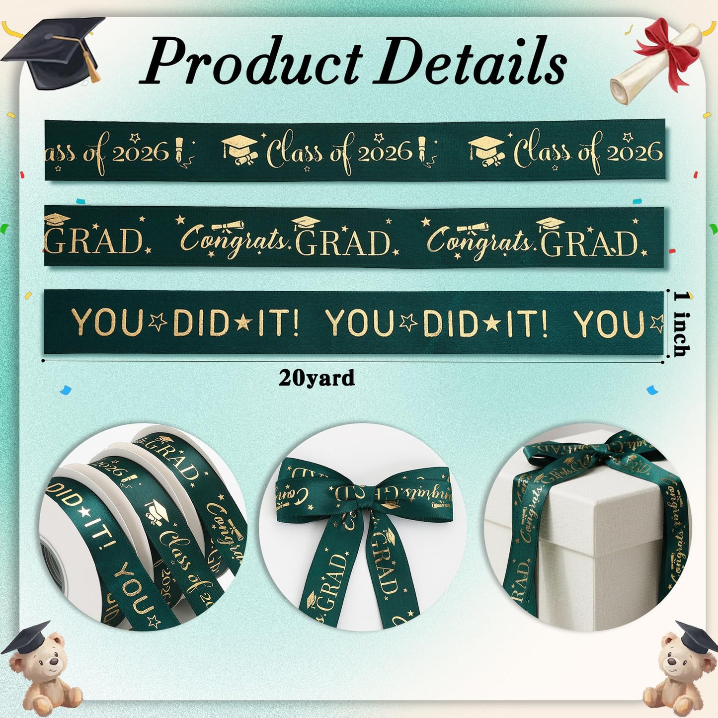Class of 2026 Ribbon Graduation Ribbon for Flower Bouquet 3 Rolls 60 Yards Green and Gold Satin Ribbons 1 Inch Congrats Grad Ribbons for Gift Wrapping Crafts Graduation Party Decor Lei Making