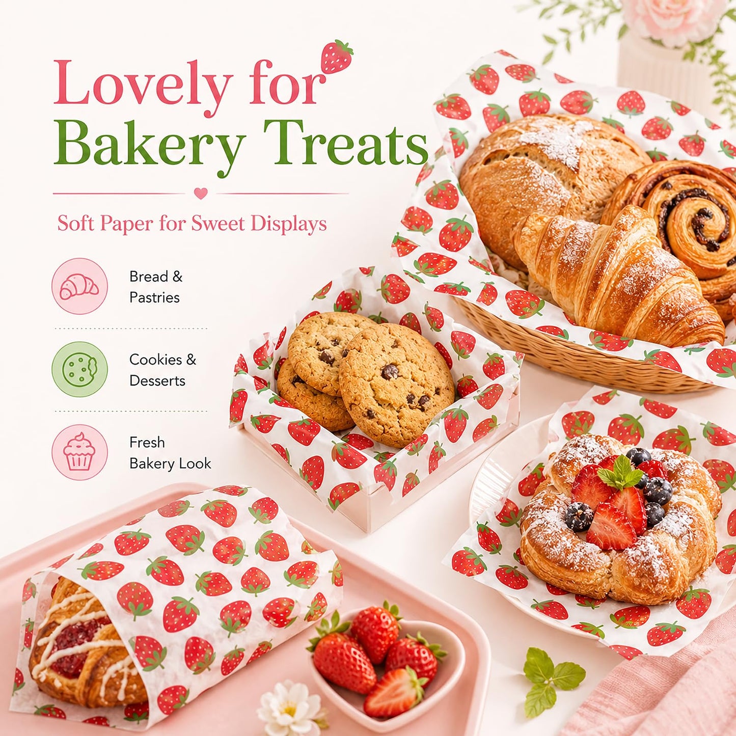 150 Sheets Strawberry Wax Paper for Food Deli, 9.8 x 8.3'' Preppy Strawberry Patterns Greaseproof Sandwich Wrapping Paper for Picnic Basket Liner Summer Birthday Party Supplies