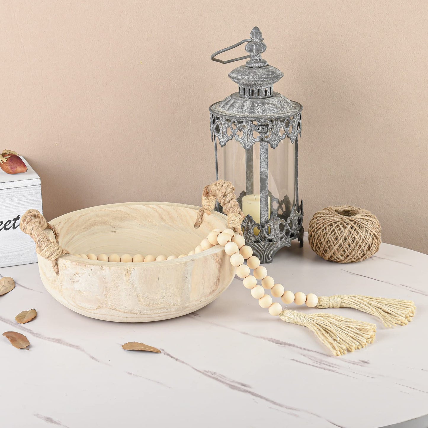 Paulownia Wood Bowl Rustic Wooden Dough Decorative Round Serving Key Bowl with Rope Handle and Wood Bead Garland for Christmas Tabletop Centerpiece Home Decor 9.5 inches