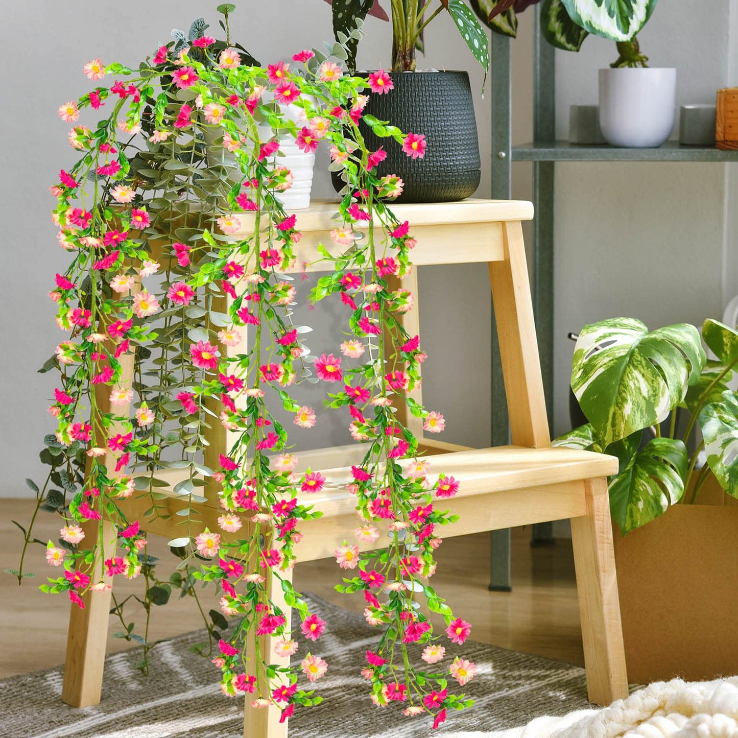 2 Pack Spring Flower Garland, 13.6 Ft Silky Artificial Pink Garland with Pink Daisy and Vine, Floral Garlands Decoration for Room Wall, Flower Themed Party, Wedding Supplies