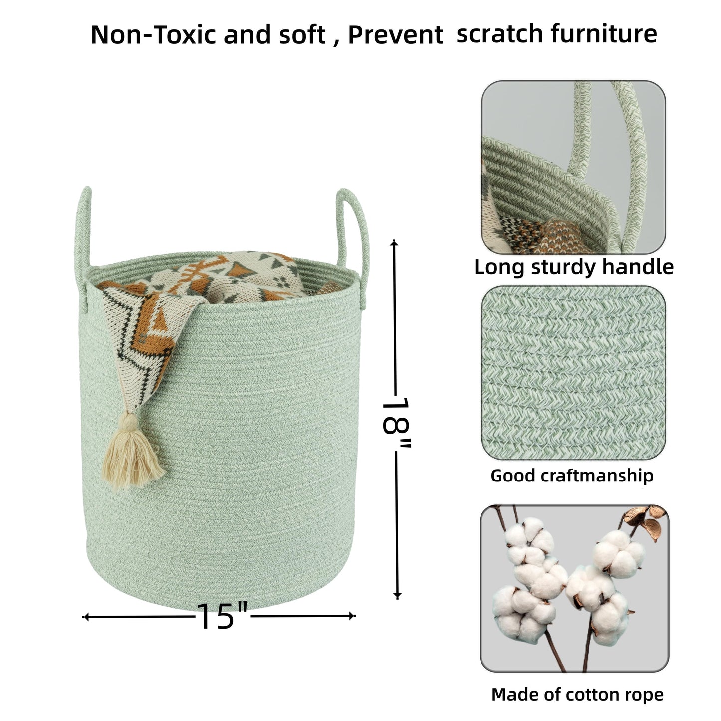 XUANGUO Cotton Rope Laundry Basket Hamper for Clothes Woven Storage Basket for Living Room Bedroom Boho Tall Rope Baskets for Blanket Toys Pillow Towels Baby Nursery Hamper Bin green
