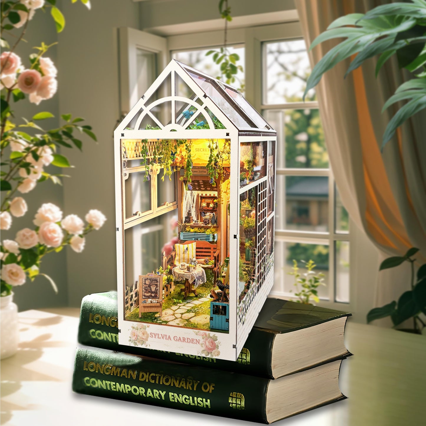 STRUCWOOD LED Garden Book Nook Kit DIY Miniature Dollhouse 3D Puzzle Wooden Bookshelf Room Decoration- Booknook Kits for Adults- Sylvia Garden (SQ-22)