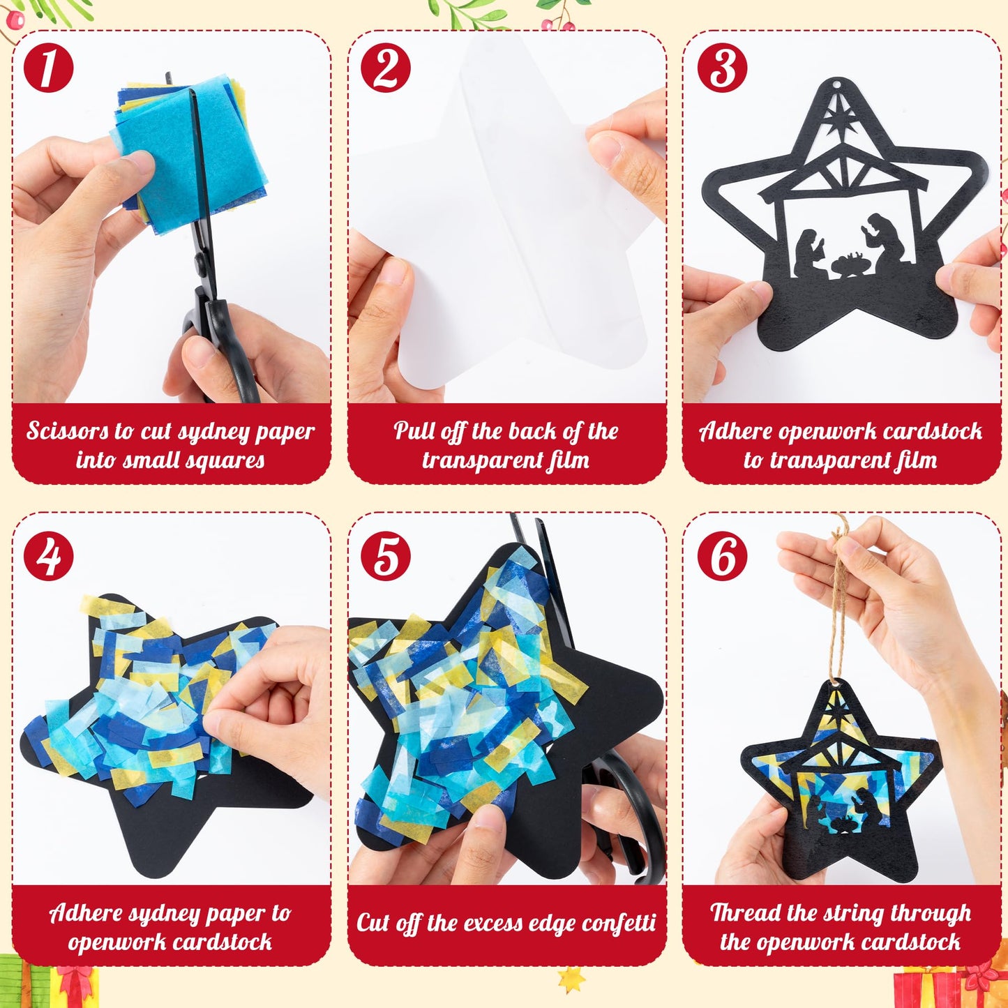 CJiangpo 24 Sets Christmas Nativity Suncatcher Paper Craft Kits, DIY Stained Glass Effect Window Ornament Rainbow Tissue Paper Art Craft for Kid Classroom Activities Christian Religious Party Decor