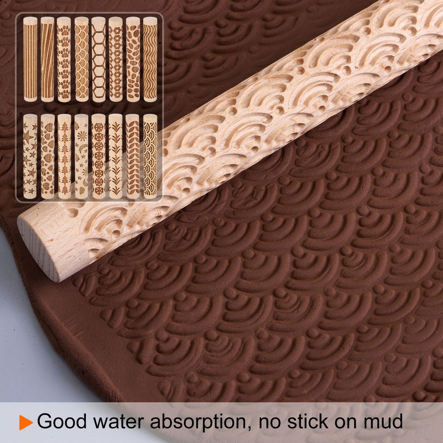 HARFINGTON 2pcs Wood Clay Roller 4" Straight Lines Curved Lines Pattern Rolling Pins Wood Rollers Pottery Tools Wood Grain Texture Rollers for Clay Baking Dough Playdough DIY