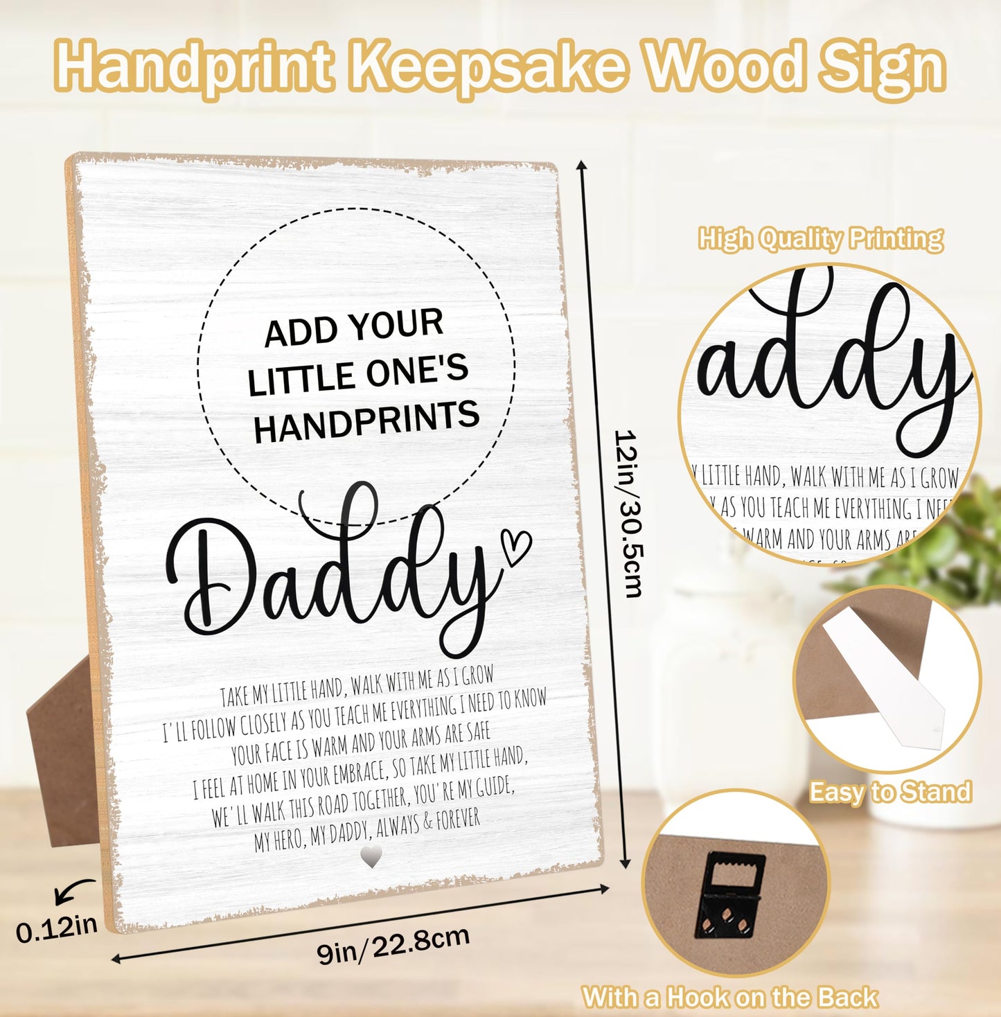 Daddy Handprint Poem, 9x12 Inch Rustic Fathers Day Sign With Stand and Hook, DIY Craft Handprint Keepsake for Classroom Family Party Favors, Personalized Gifts for Dad from Daughter & Son