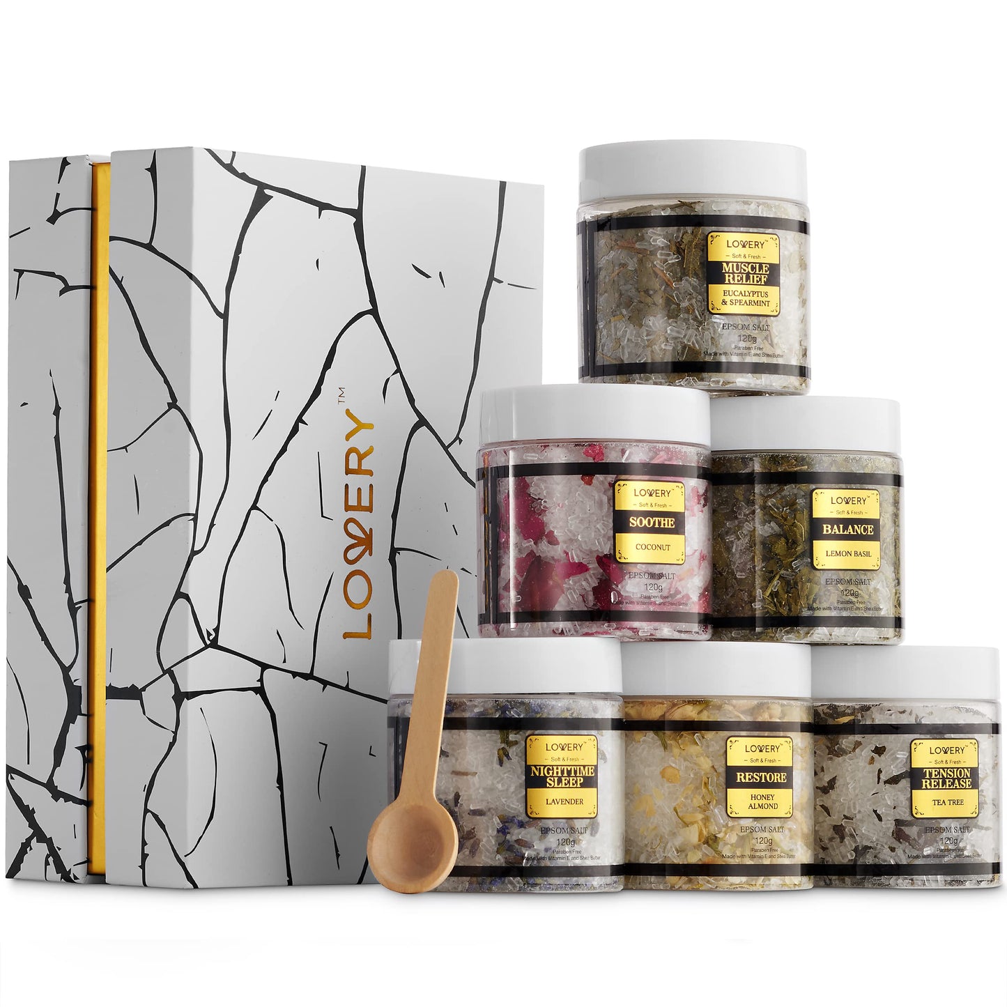 Mothers Day Gifts for Mom, Epsom Bath Salts Gift Basket Set, Self Care Salt with Essential Oil, Gifts for Women, Her, Mother, Lavender, Eucalyptus, Lemon, Coconut, Tea Tree, Honey Almond