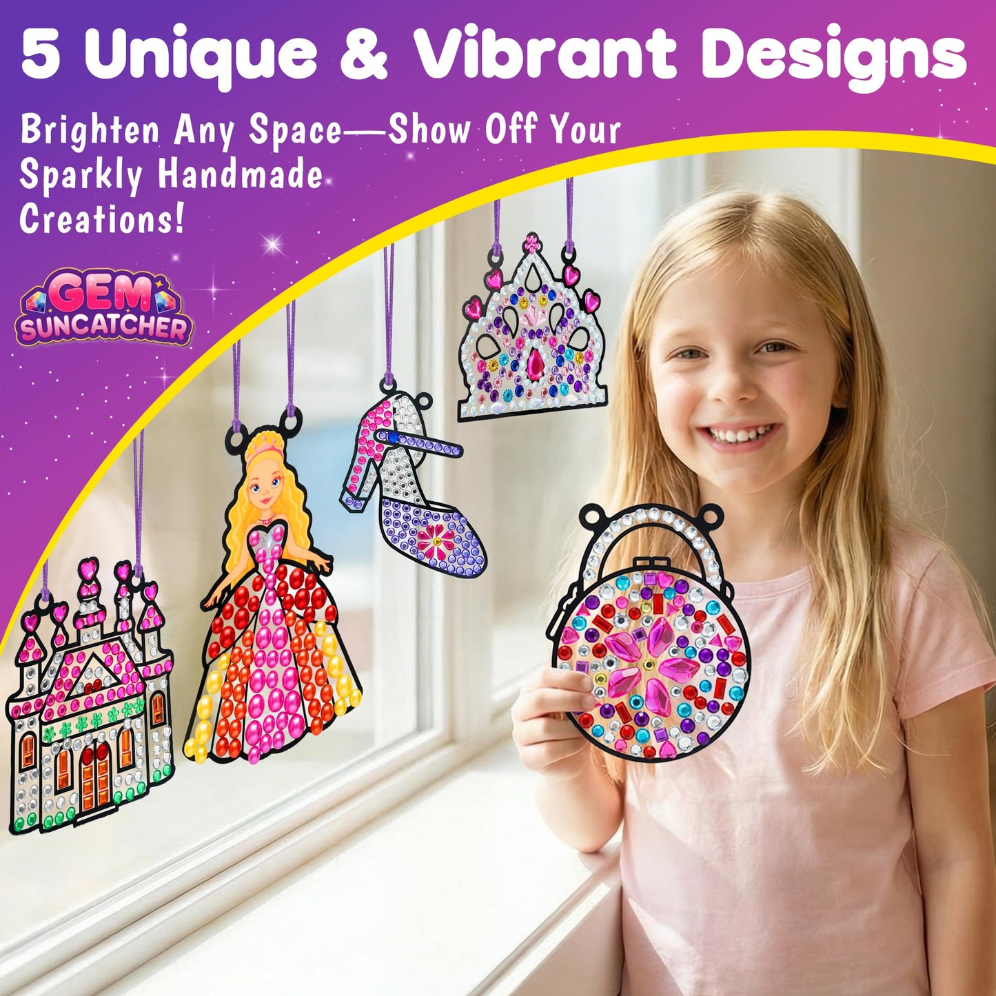 ZIZZ Window Art Suncatcher Kits for Kids - 5PCS Gem Painting Kits, Diamond Art & Craft Sets for Boys Girls Craft Gifts for Kids Birthday Easter Christmas Ages 6+, Girls Creative Activities Toys Gifts