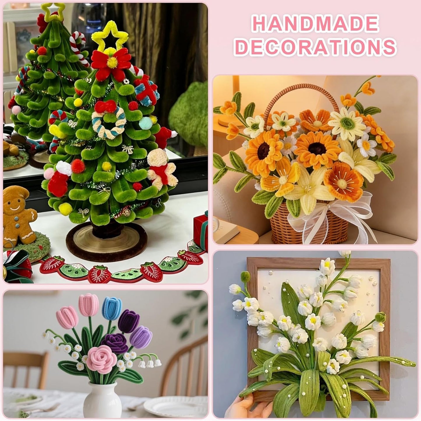 Pipe Cleaners Craft, 500 PCS Pipe Cleaner Flower Kit with 5 Colors Chenille Stems, Floral Wires, Ribbon, Gardening Tape & Stamen for DIY Bouquets, Arts and Crafts Supplies