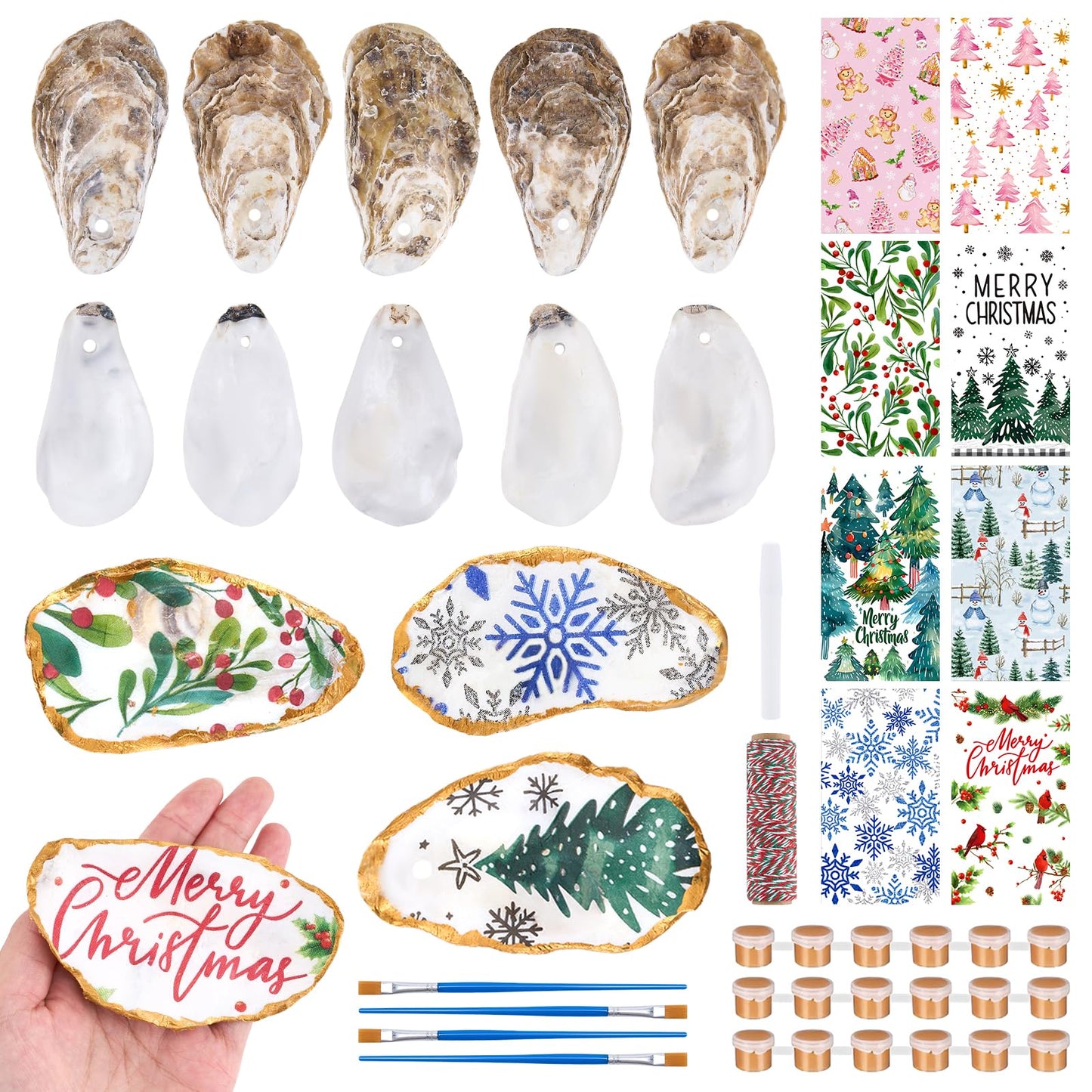 APUDWN 16 Set Oyster Shells for Crafts 4-5 Inch Christmas Pre-Drilled Oyster Shells Crafts Kits with Decoupage Paper Napkin Glue Paint Twine and Brushes for Xmas Decor DIY Arts Seashells Ornaments