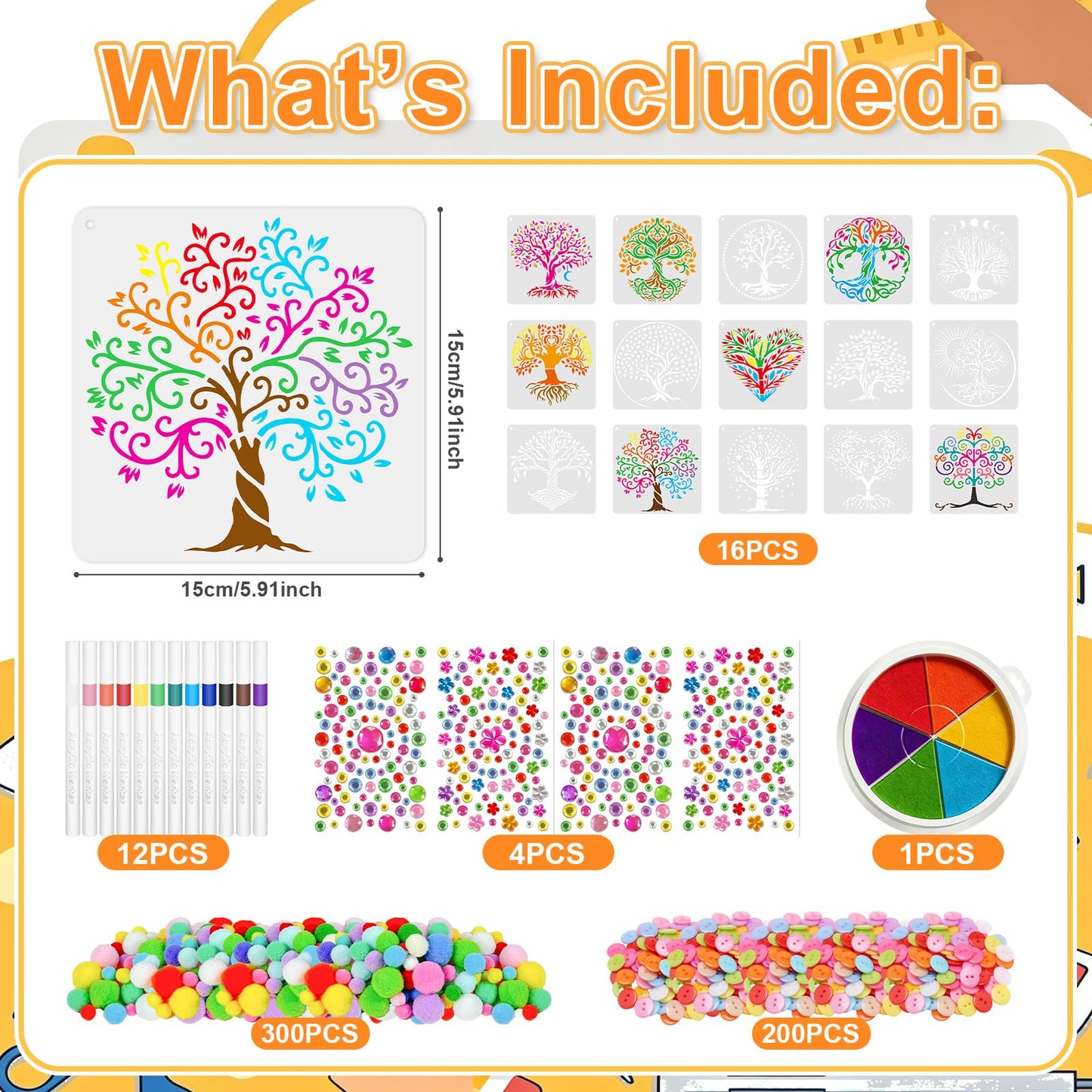 Cinrobiye 16 PCS Tree of Life Reusable Painting Stencils Kit, Decorative Stencil Set with Markers, Ink Pad and Craft Accessories for Fabric Painting, Tote Bag DIY, Canvas Art and Creative Projects